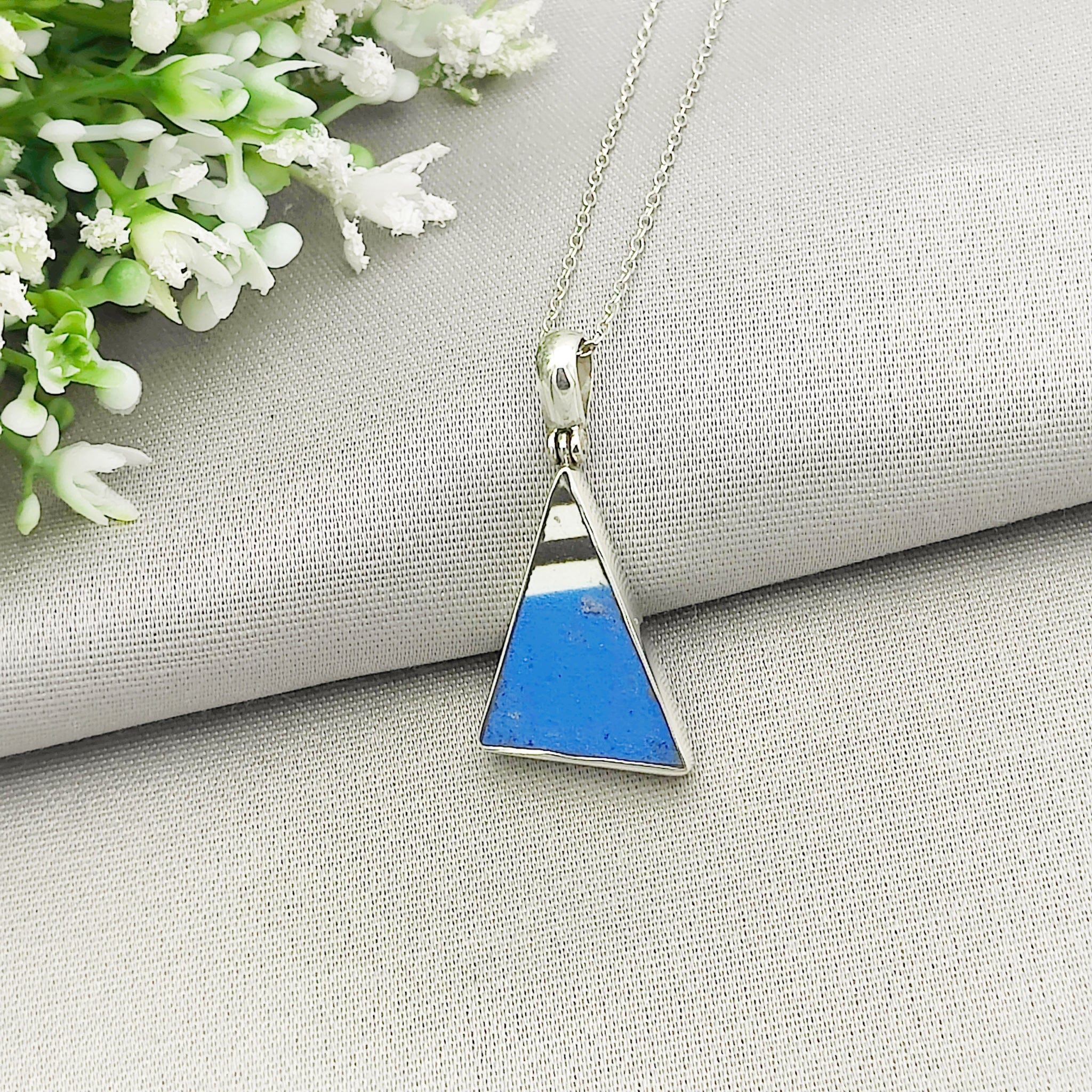 Hepburn and Hughes Art Deco Pendant | Original Clarice Cliff Pottery | Blue Triangle | Sterling Silver