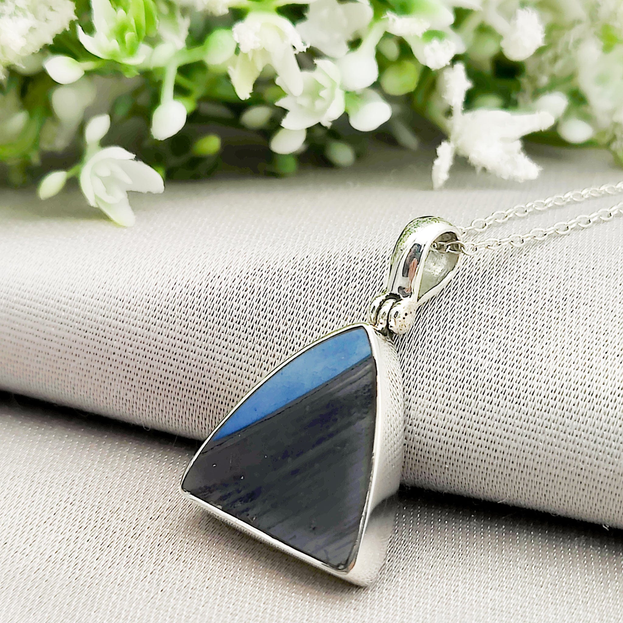 Hepburn and Hughes Art Deco Pendant | Original Clarice Cliff Pottery | Blue Triangle | Sterling Silver