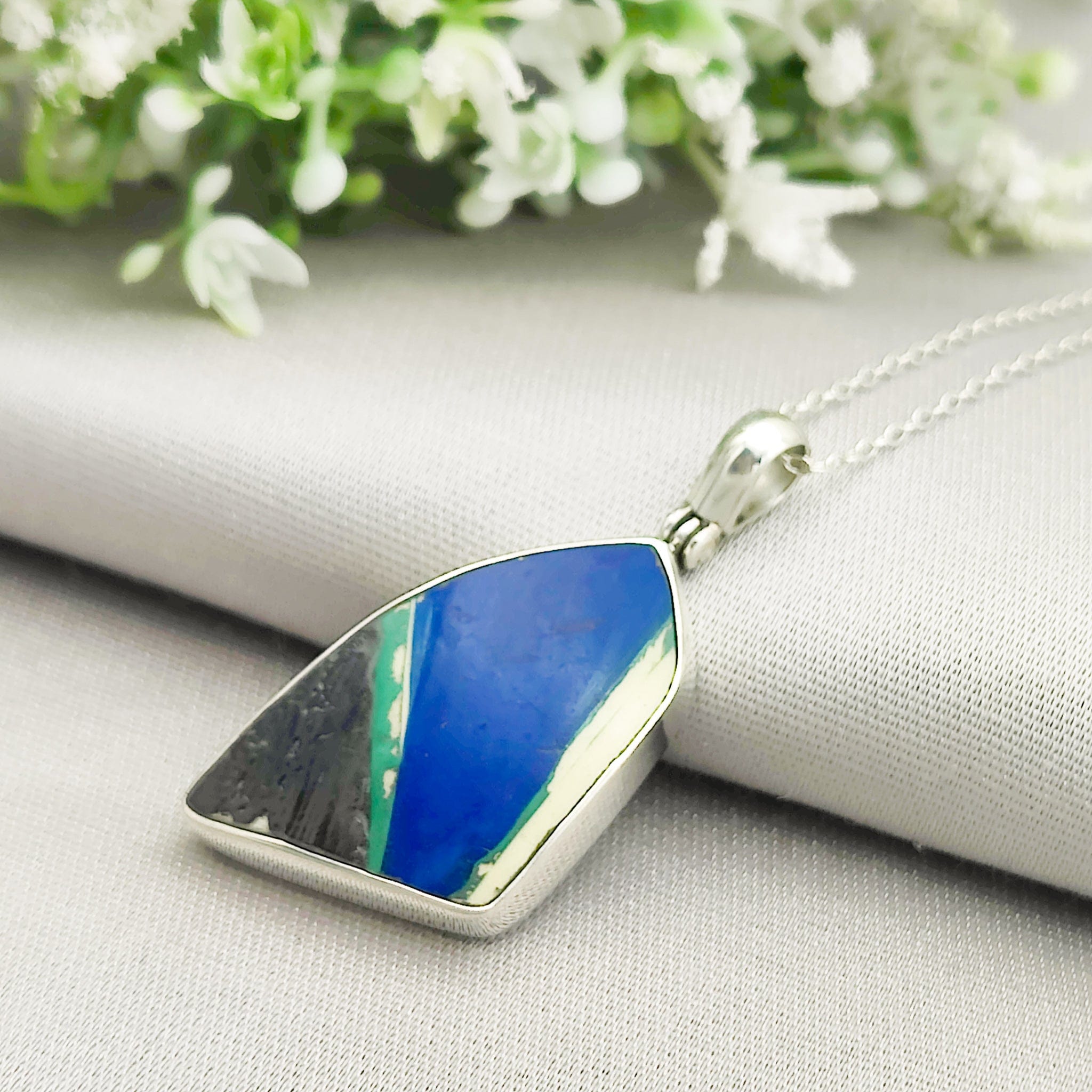 Hepburn and Hughes Art Deco Pendant | Original Clarice Cliff Pottery | Blue Triangle | Sterling Silver