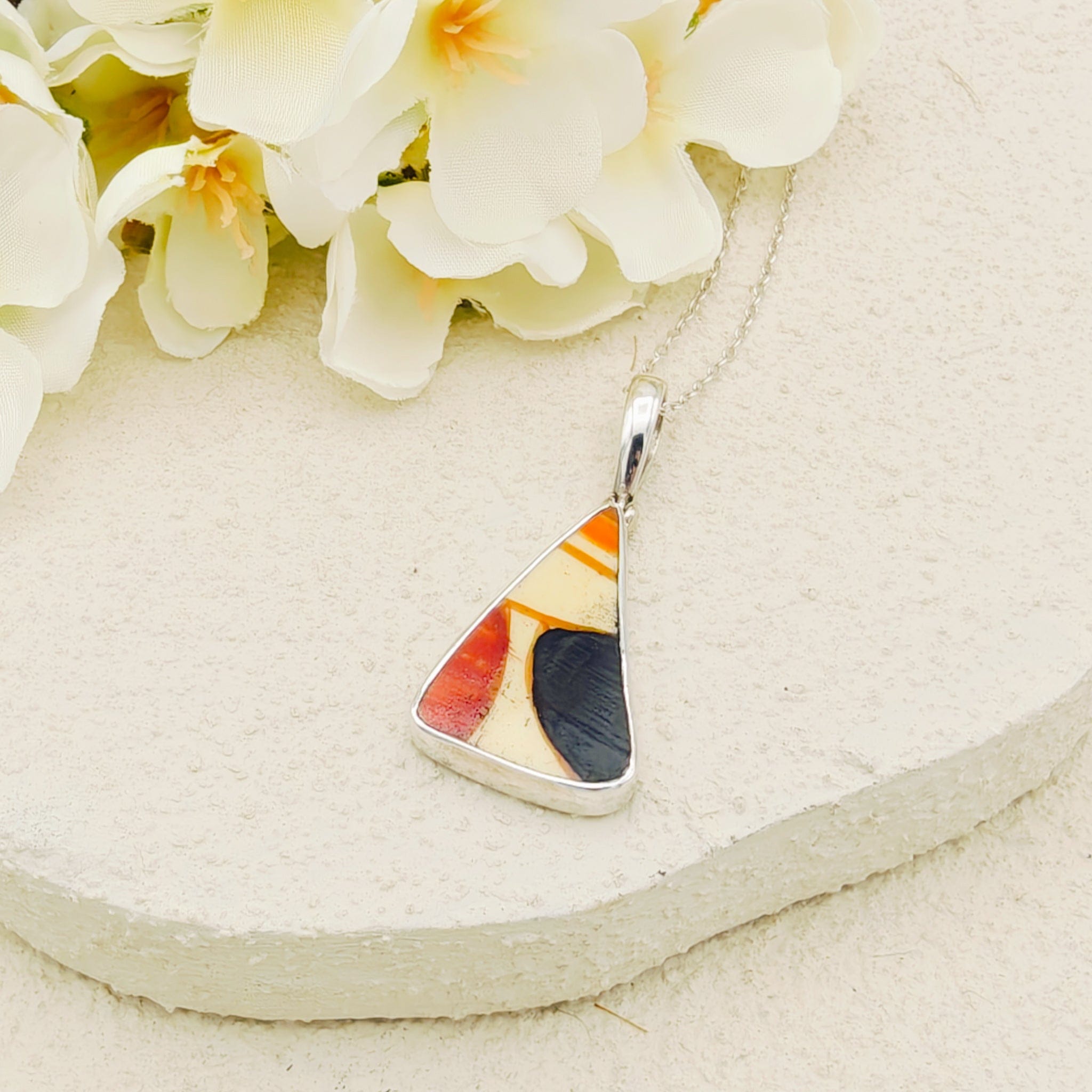 Hepburn and Hughes Art Deco Pendant | Original Clarice Cliff Pottery | Brown and Red Designs | Sterling Silver