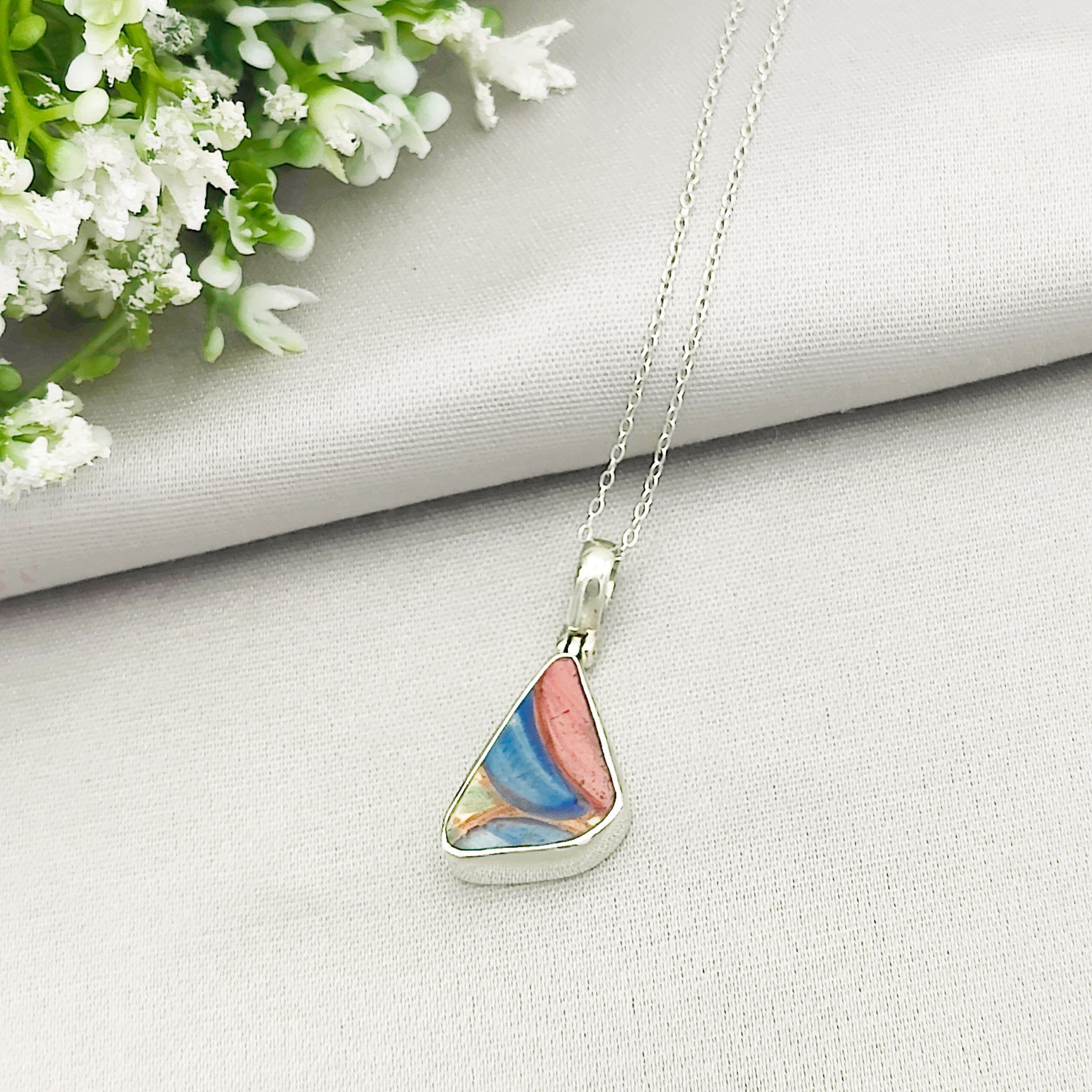 Hepburn and Hughes Art Deco Pendant | Original Clarice Cliff Pottery | Green, Orange and Yellow Designs | Sterling Silver