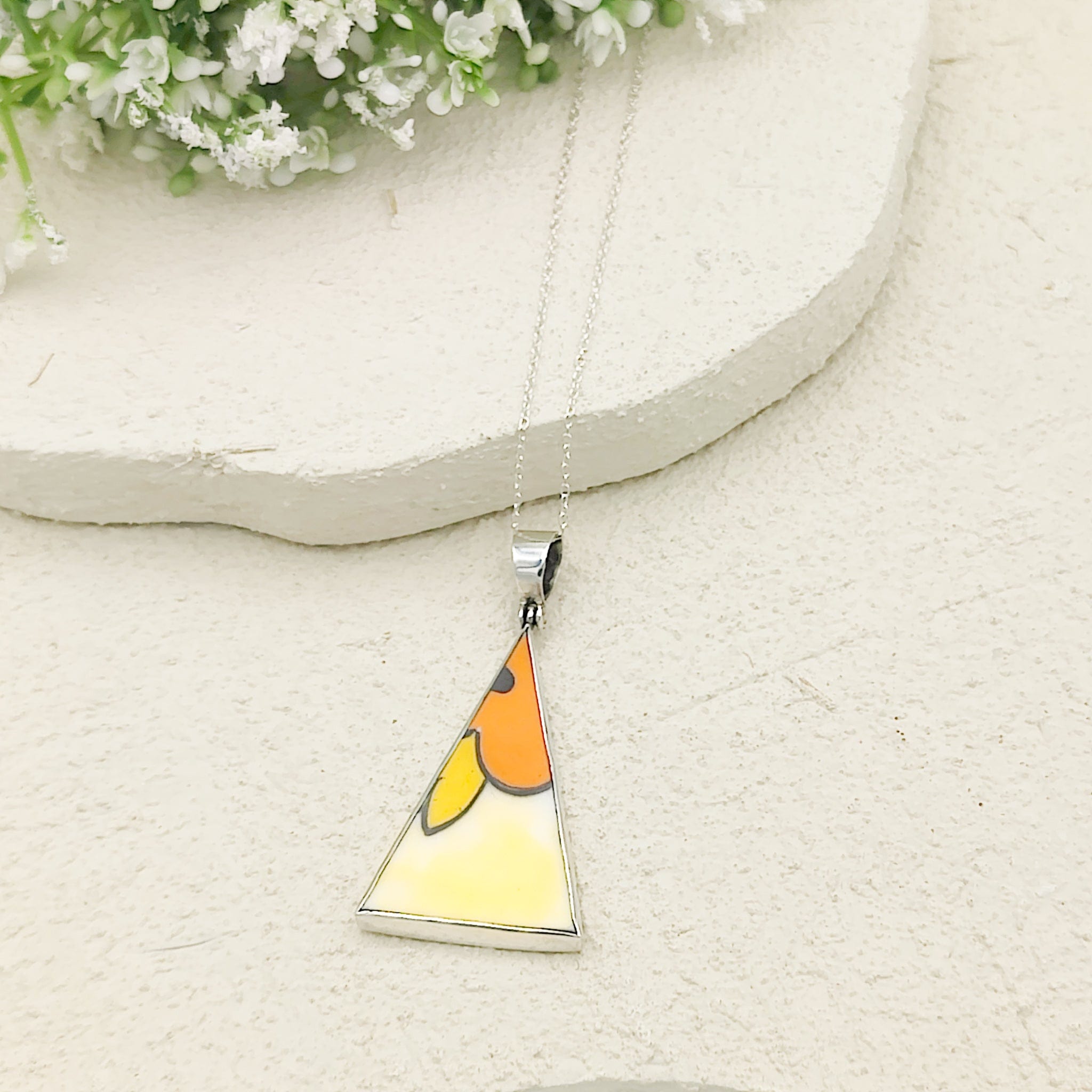 Hepburn and Hughes Art Deco Pendant | Triangular Clarice Cliff necklace | 40mm long | Two options | Sterling Silver