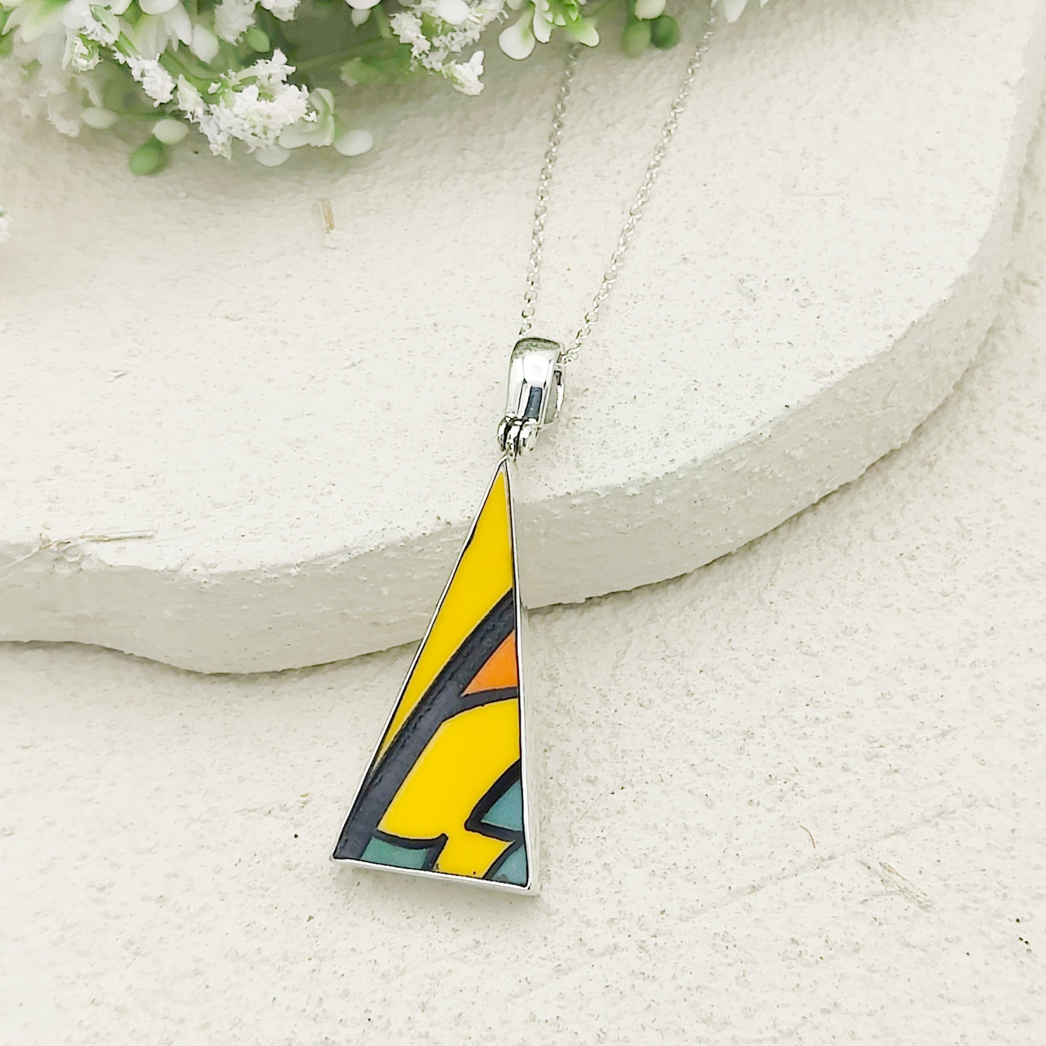Hepburn and Hughes Art Deco Pendant | Triangular Clarice Cliff necklace | 40mm long | Two options | Sterling Silver