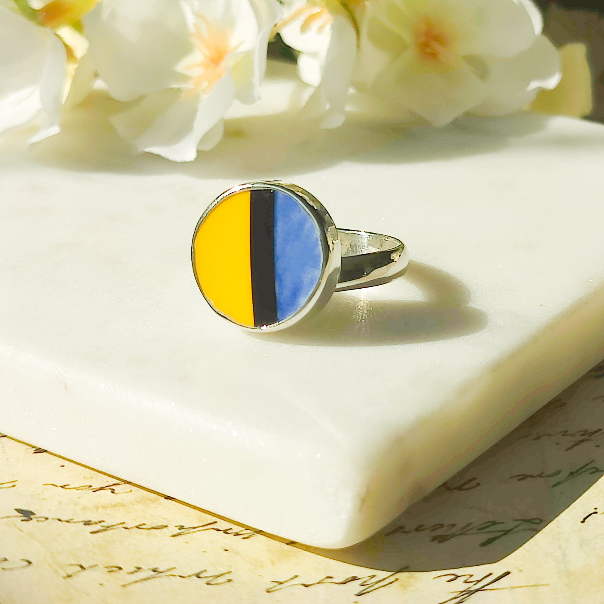Hepburn and Hughes Art Deco Ring | Clarice Cliff Ceramics | Adjustable  | Sterling Silver