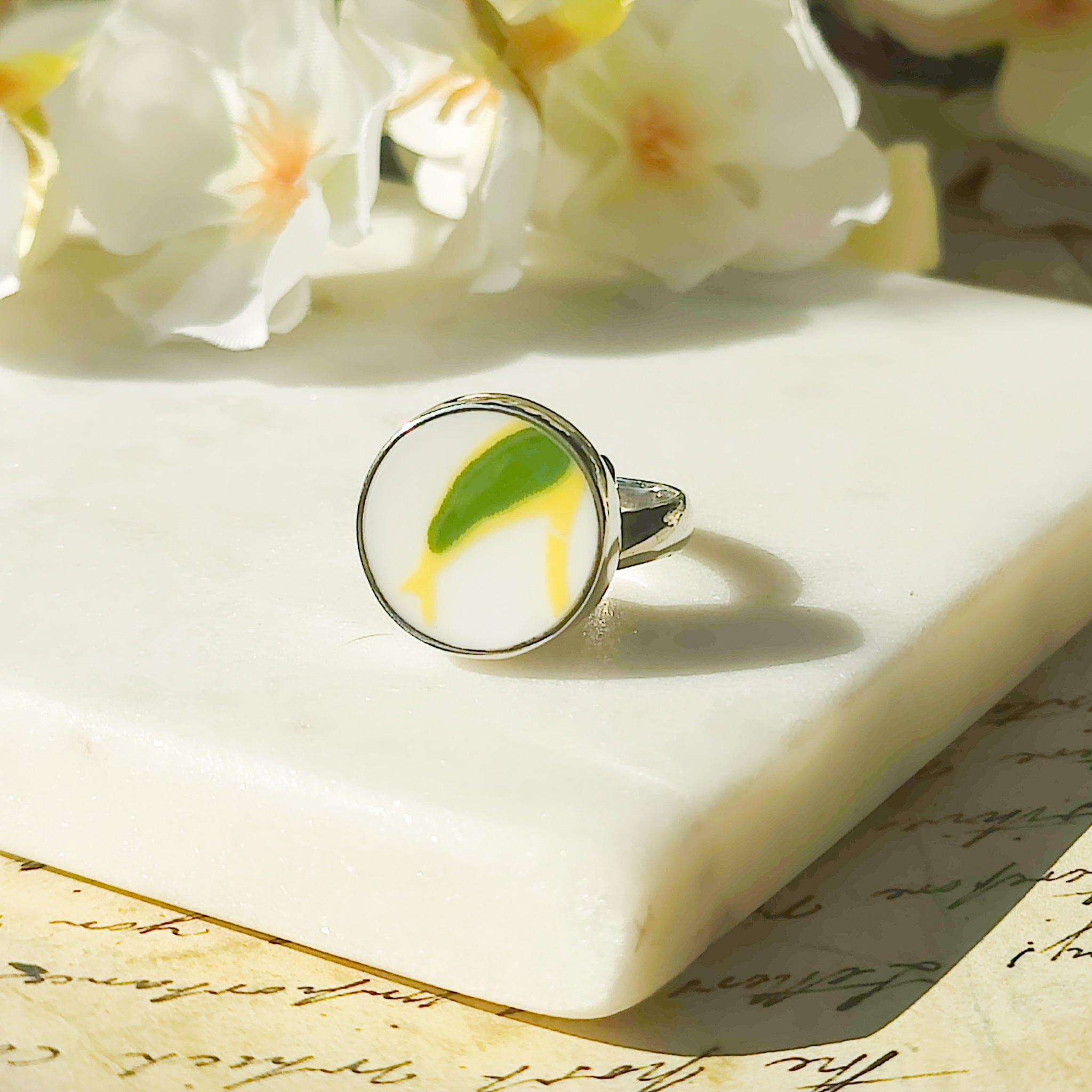 Hepburn and Hughes Art Deco Ring | Clarice Cliff Ceramics | Green and White Circle | Sterling Silver