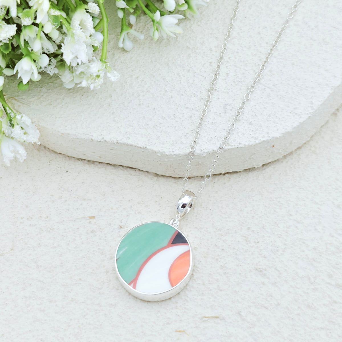 Hepburn and Hughes Art Deco Sterling Silver Pendant | 22mm Round Clarice Cliff necklace | 9th Anniversary Gift