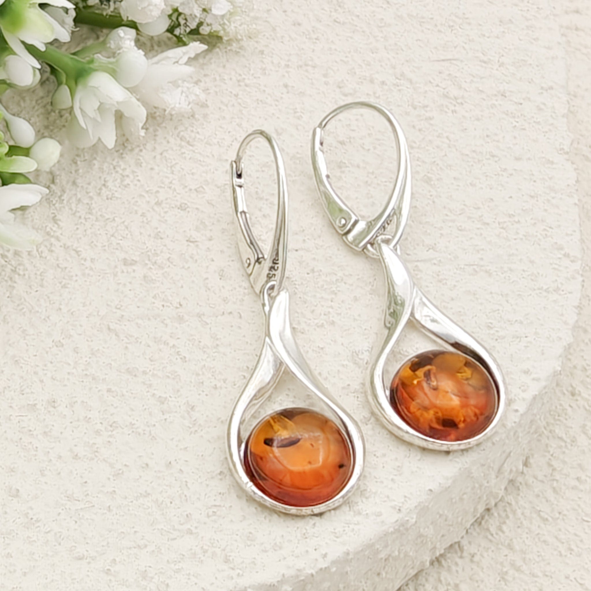Hepburn and Hughes Baltic Amber Earrings | Hanging Amber | November Gift | Sterling Silver