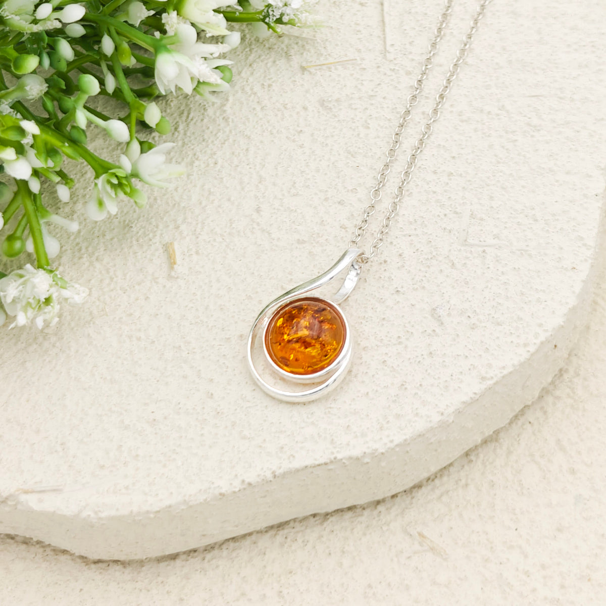 Hepburn and Hughes Baltic Amber Pendant | 22m Round Swirl | November Gift | Sterling Silver