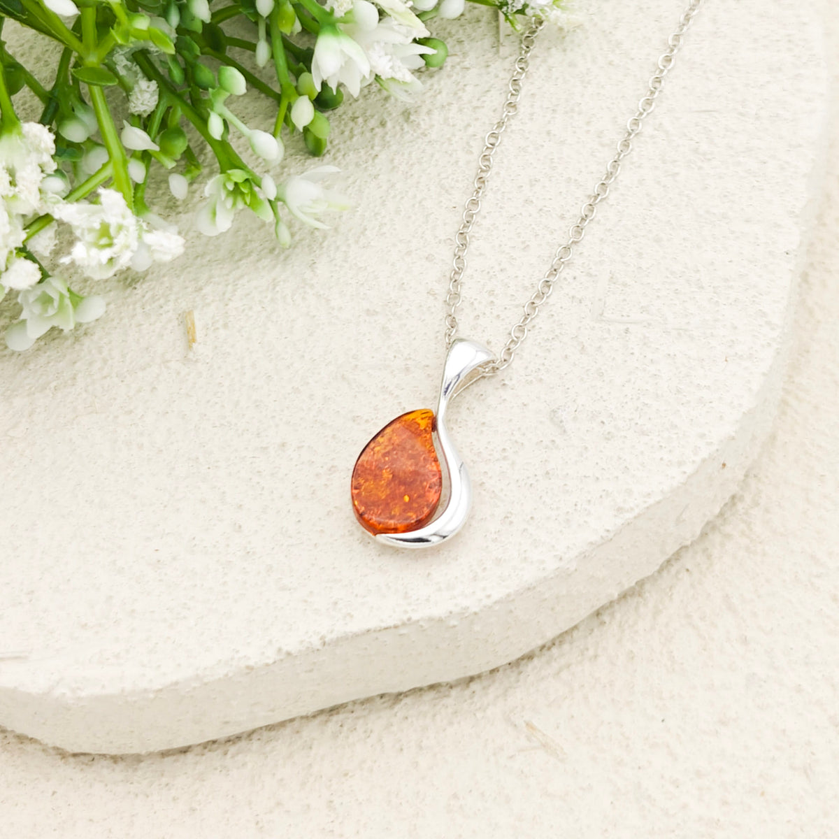 Hepburn and Hughes Baltic Amber Pendant | Oval in Teardrop Frame | Sterling Silver