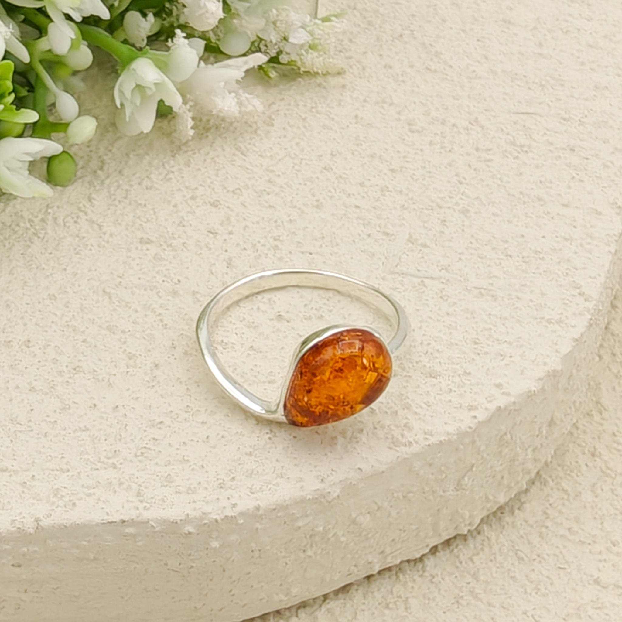 Hepburn and Hughes Baltic Amber Ring, Pear in Sterling Silver