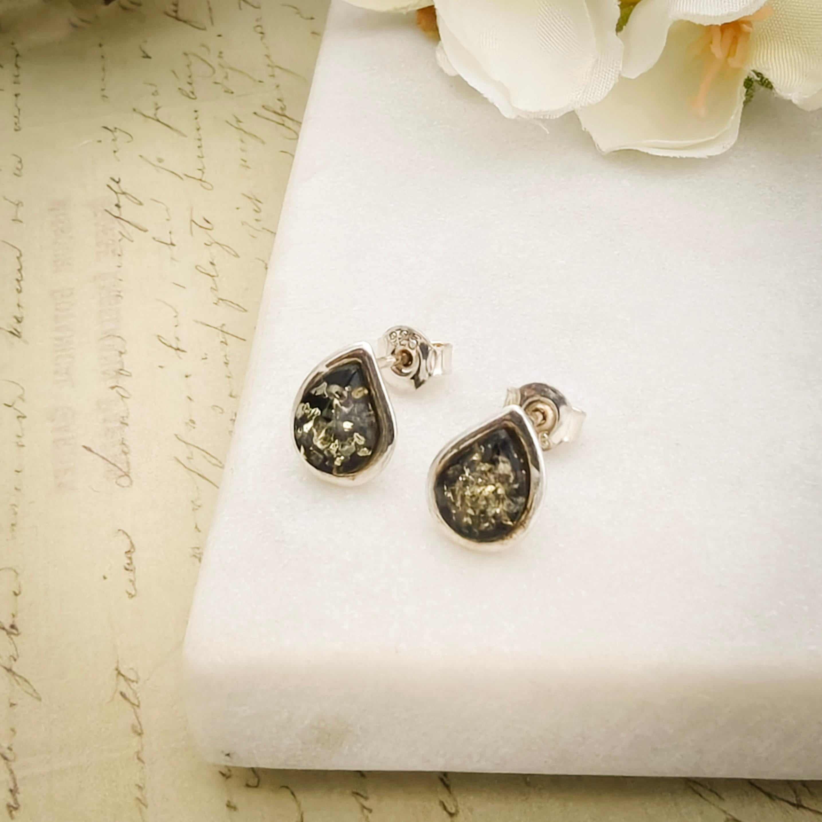 Hepburn and Hughes Baltic Green Amber Earrings | Studs | Sterling Silver