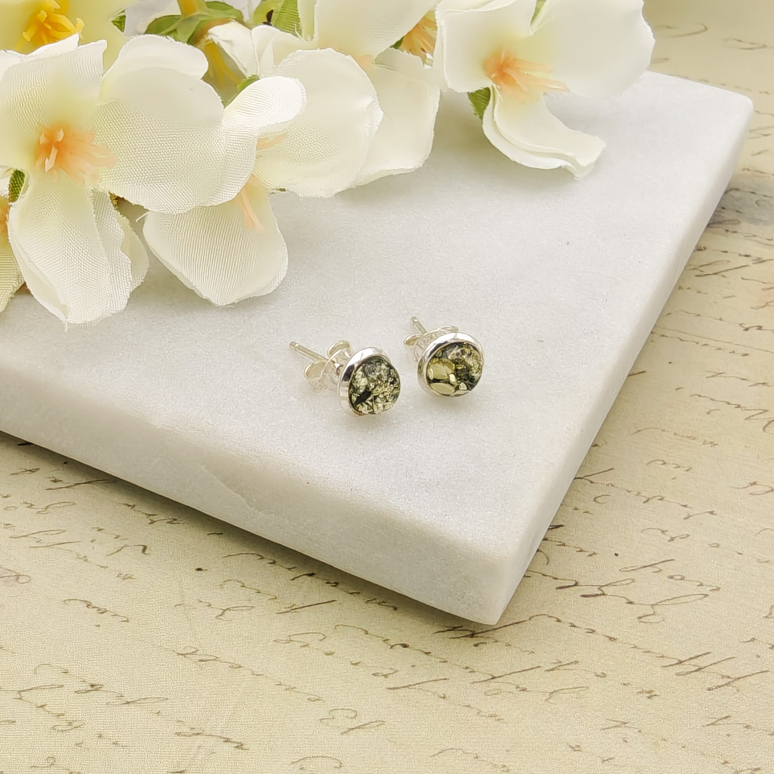 Hepburn and Hughes Baltic Green Amber Earrings | Studs | Sterling Silver