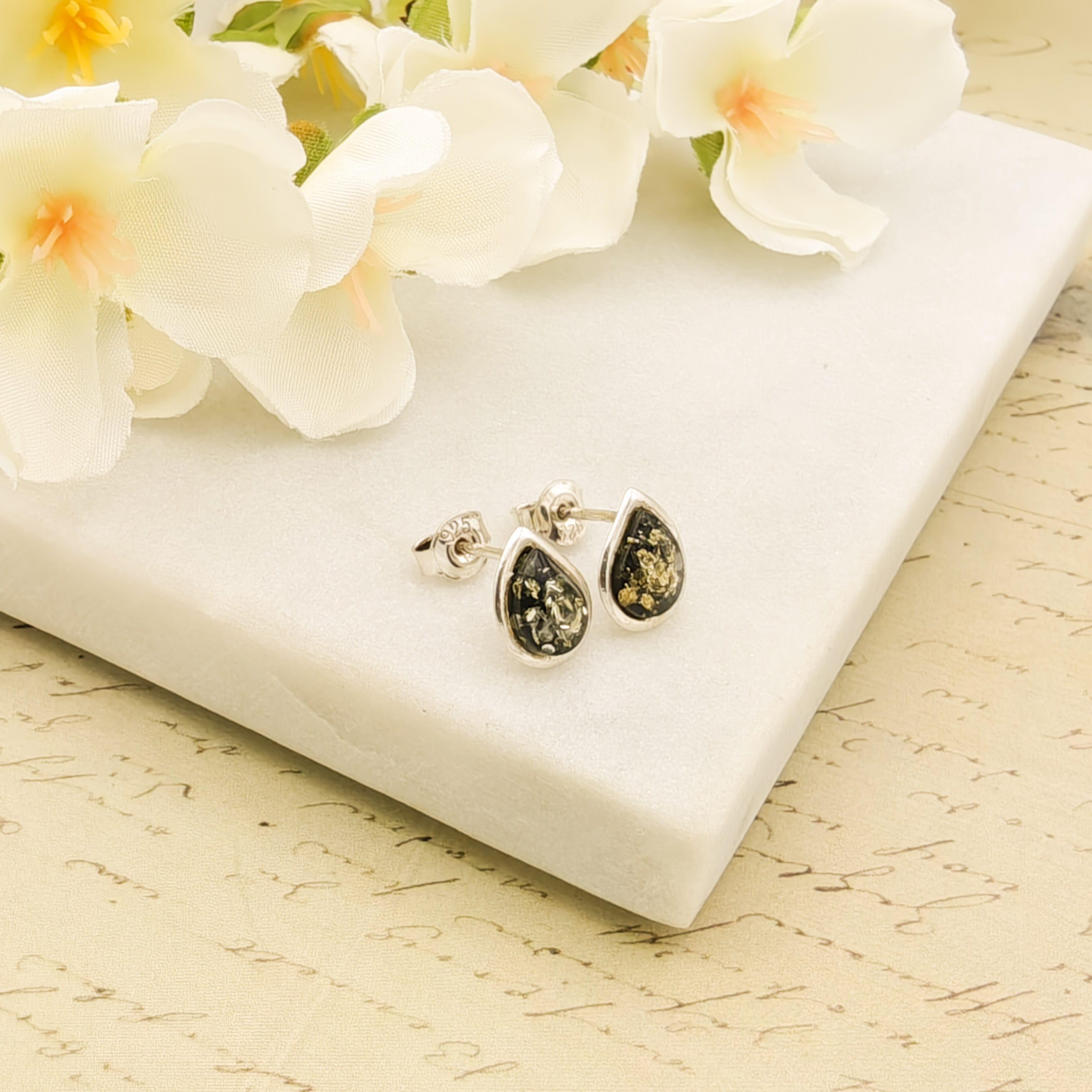 Hepburn and Hughes Baltic Green Amber Earrings | Studs | Sterling Silver