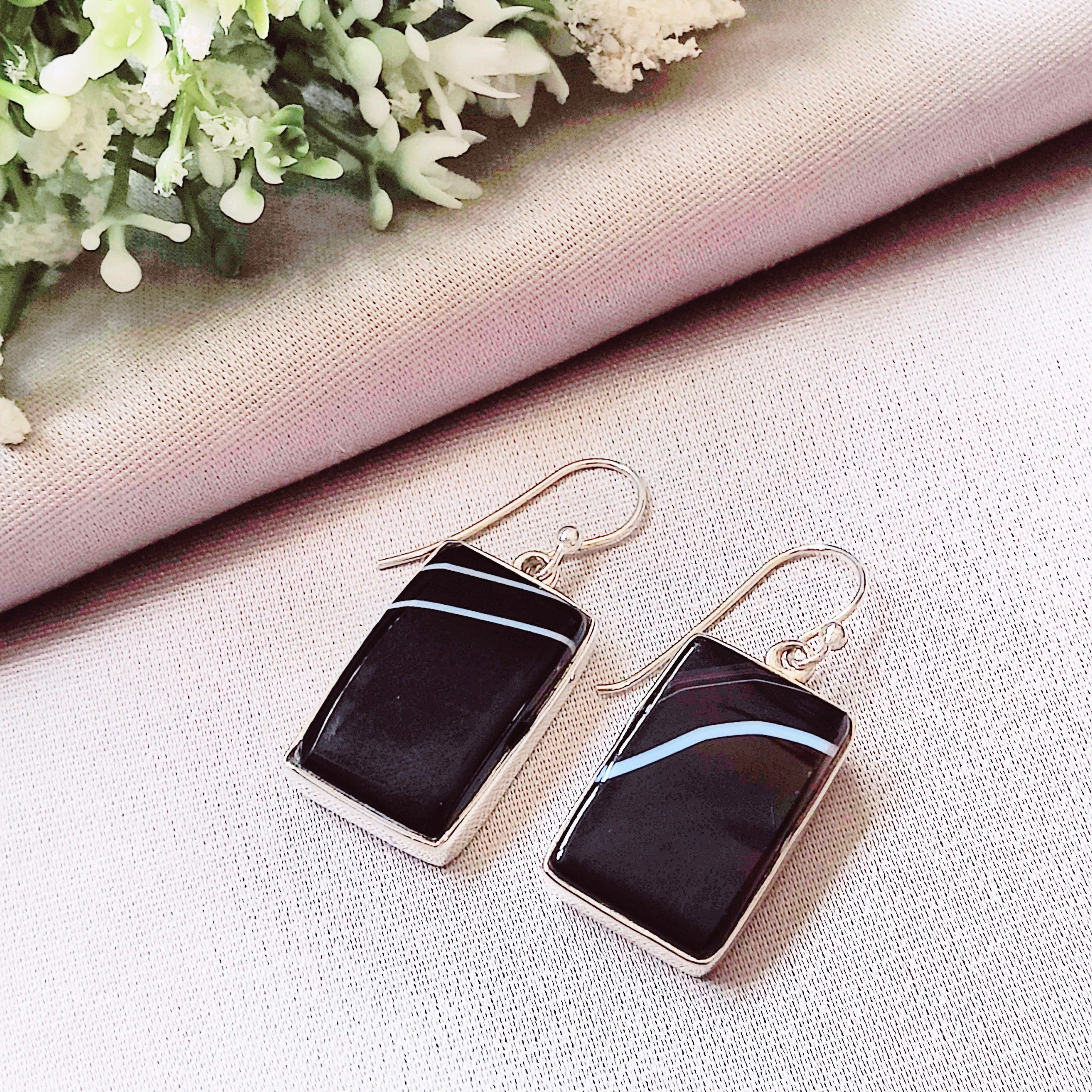 Hepburn and Hughes Banded Black Onyx Earrings | Rectangular | Sterling Silver