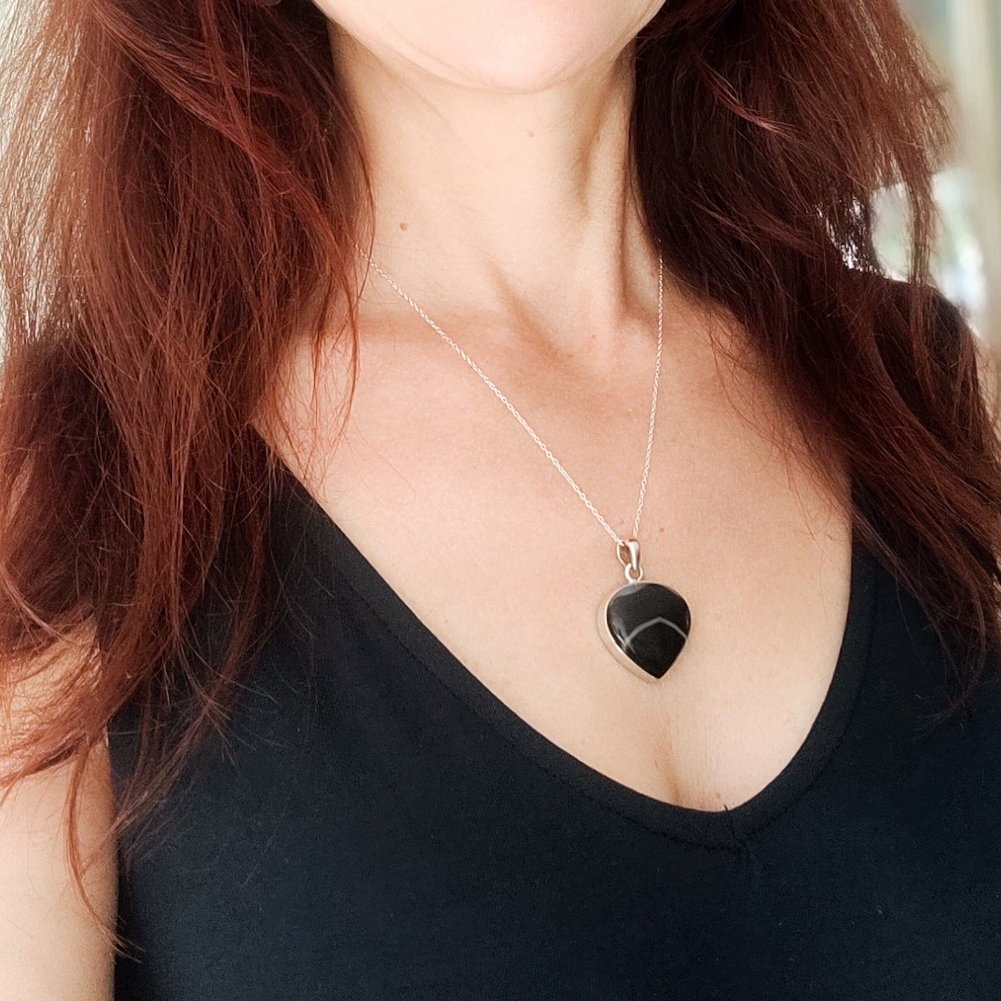 Hepburn and Hughes Banded Black Onyx Pendant | 25mm Curved triangle | Sterling Silver