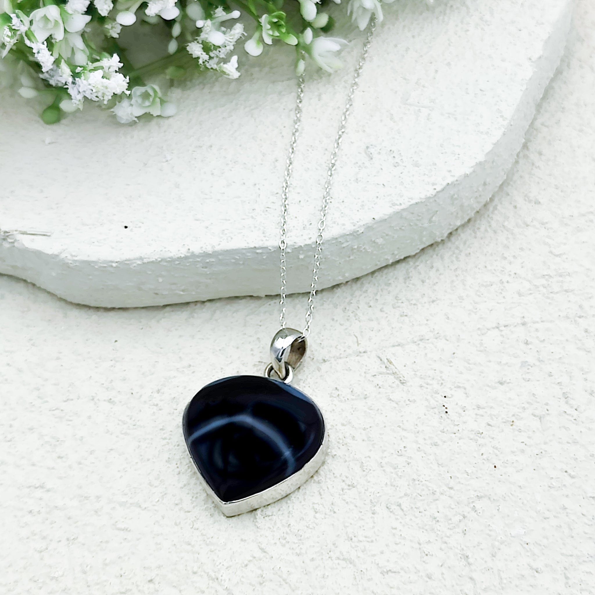 Hepburn and Hughes Banded Black Onyx Pendant | 25mm Curved triangle | Sterling Silver