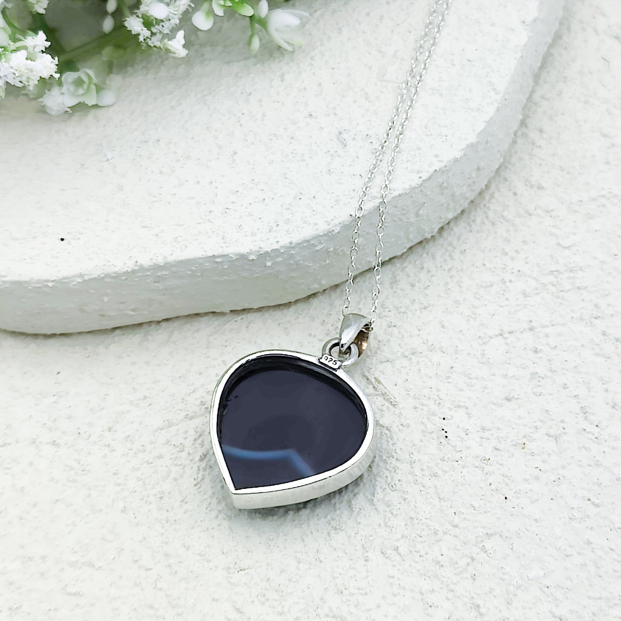 Hepburn and Hughes Banded Black Onyx Pendant | 25mm Curved triangle | Sterling Silver