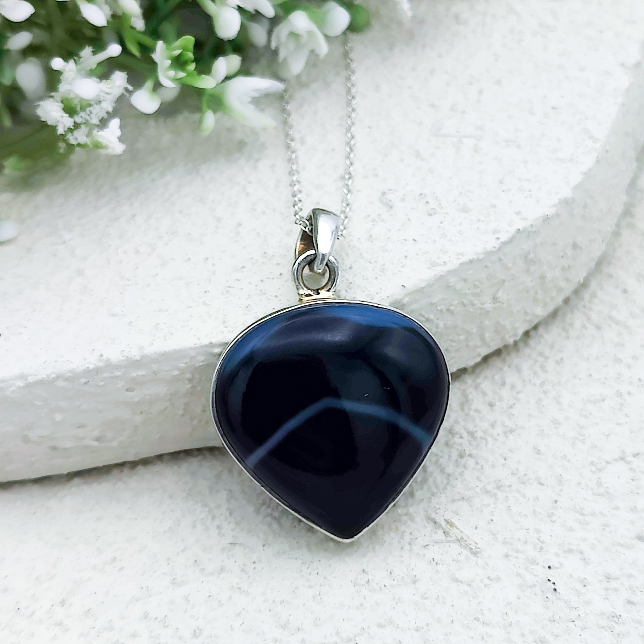 Hepburn and Hughes Banded Black Onyx Pendant | 25mm Curved triangle | Sterling Silver