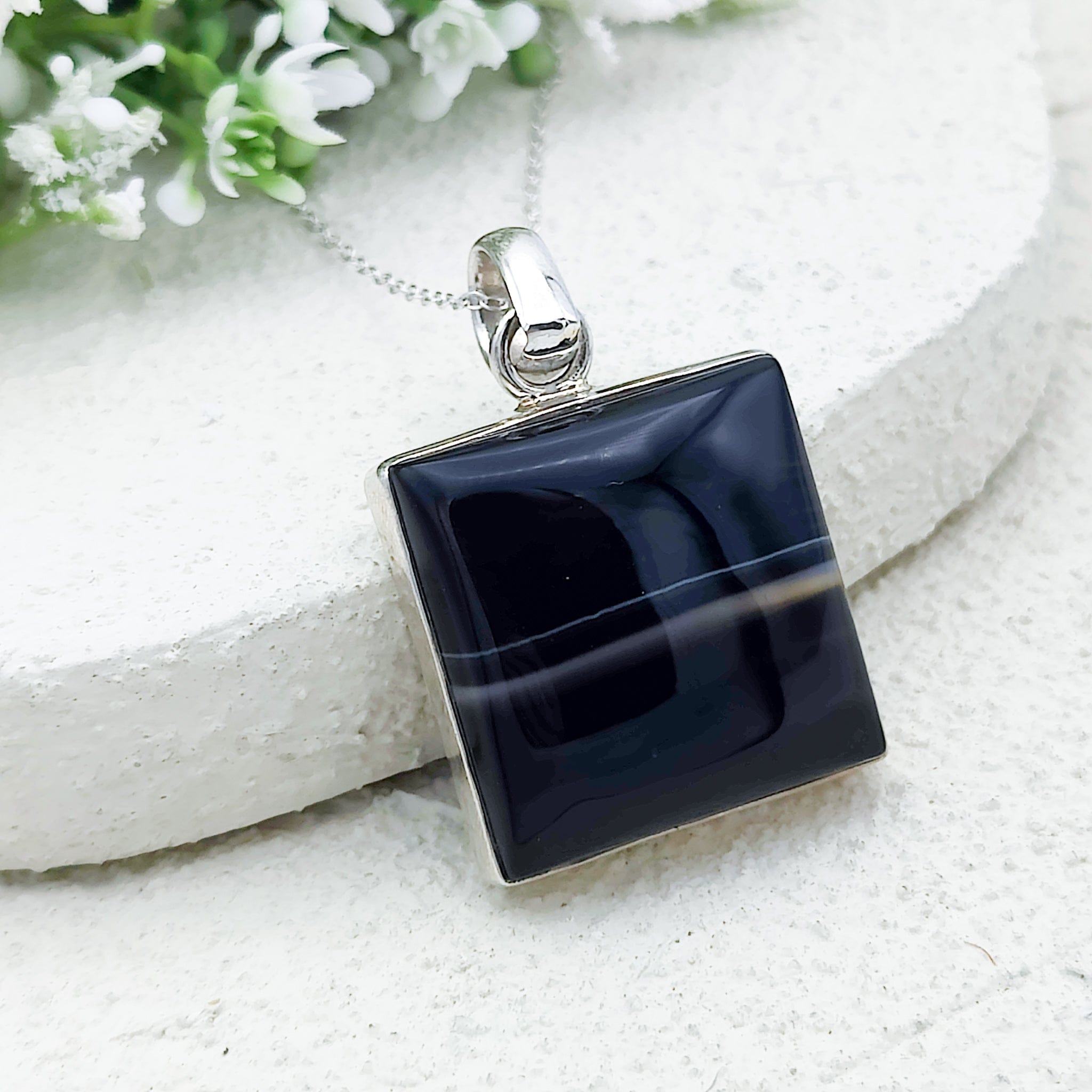 Hepburn and Hughes Banded Black Onyx Pendant | 25mm Square | Sterling Silver