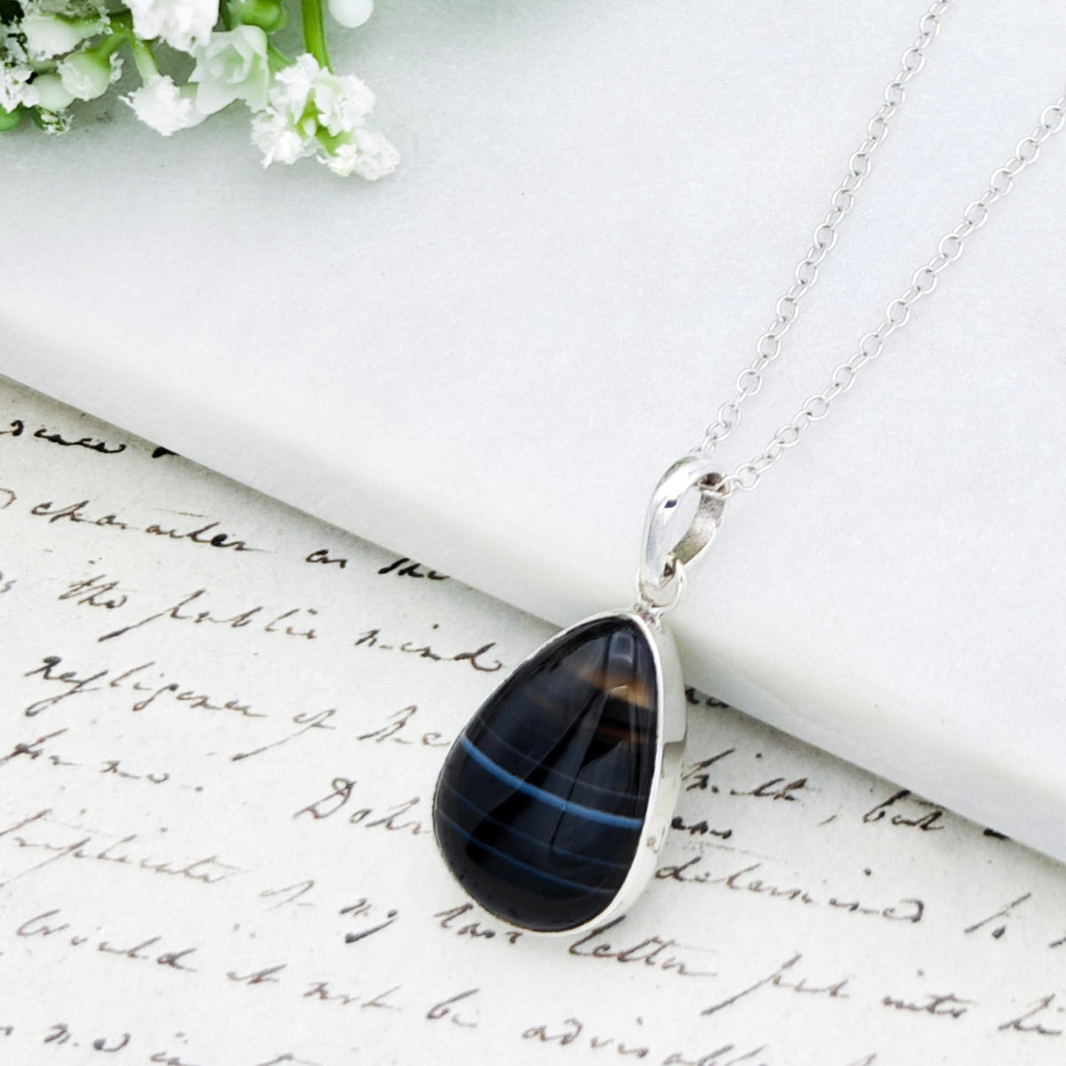 Hepburn and Hughes Banded Black Onyx Pendant | 25mm Teardrop | Leo Gift | Sterling Silver