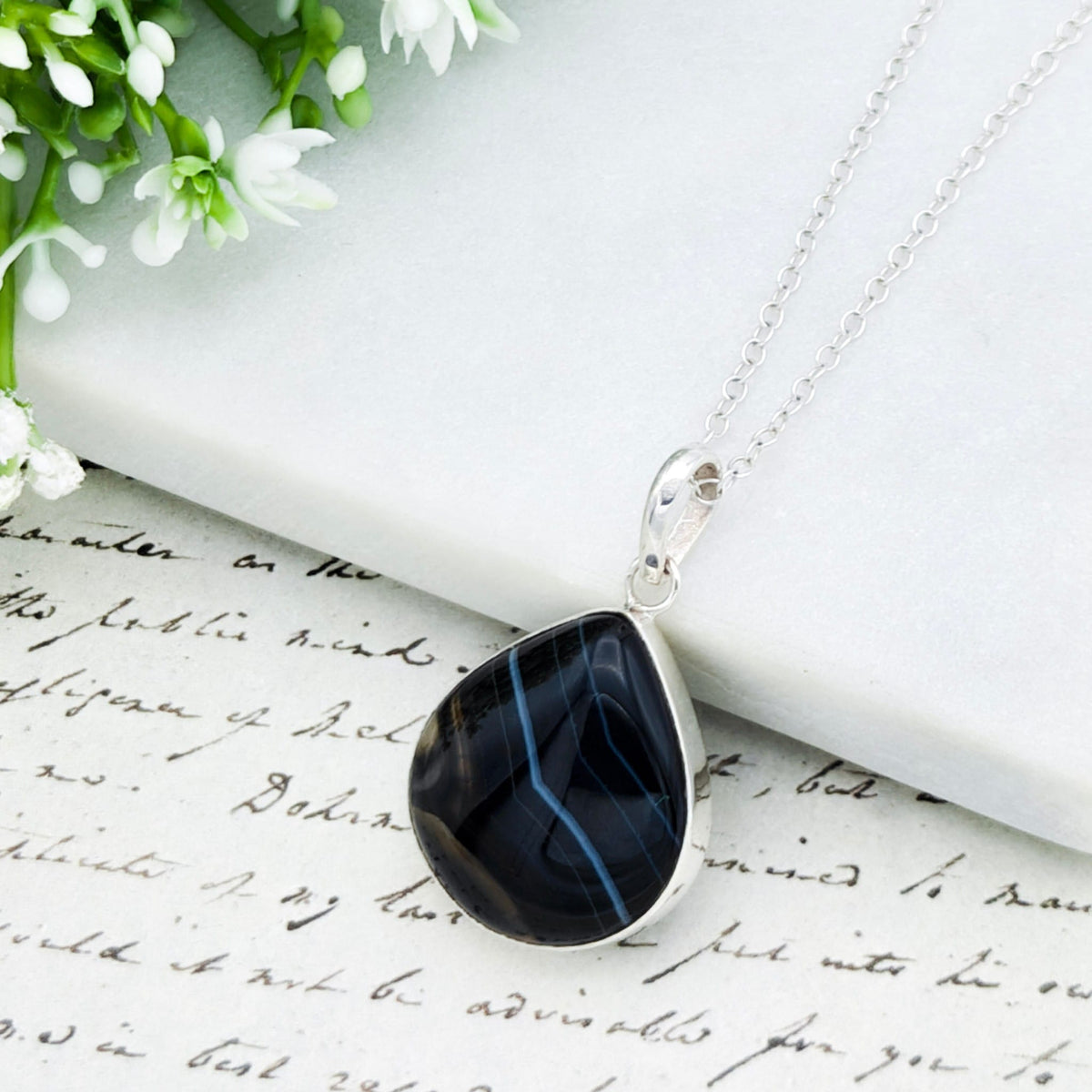 Hepburn and Hughes Banded Black Onyx Pendant | 25mm Teardrop | Leo Gift | Sterling Silver