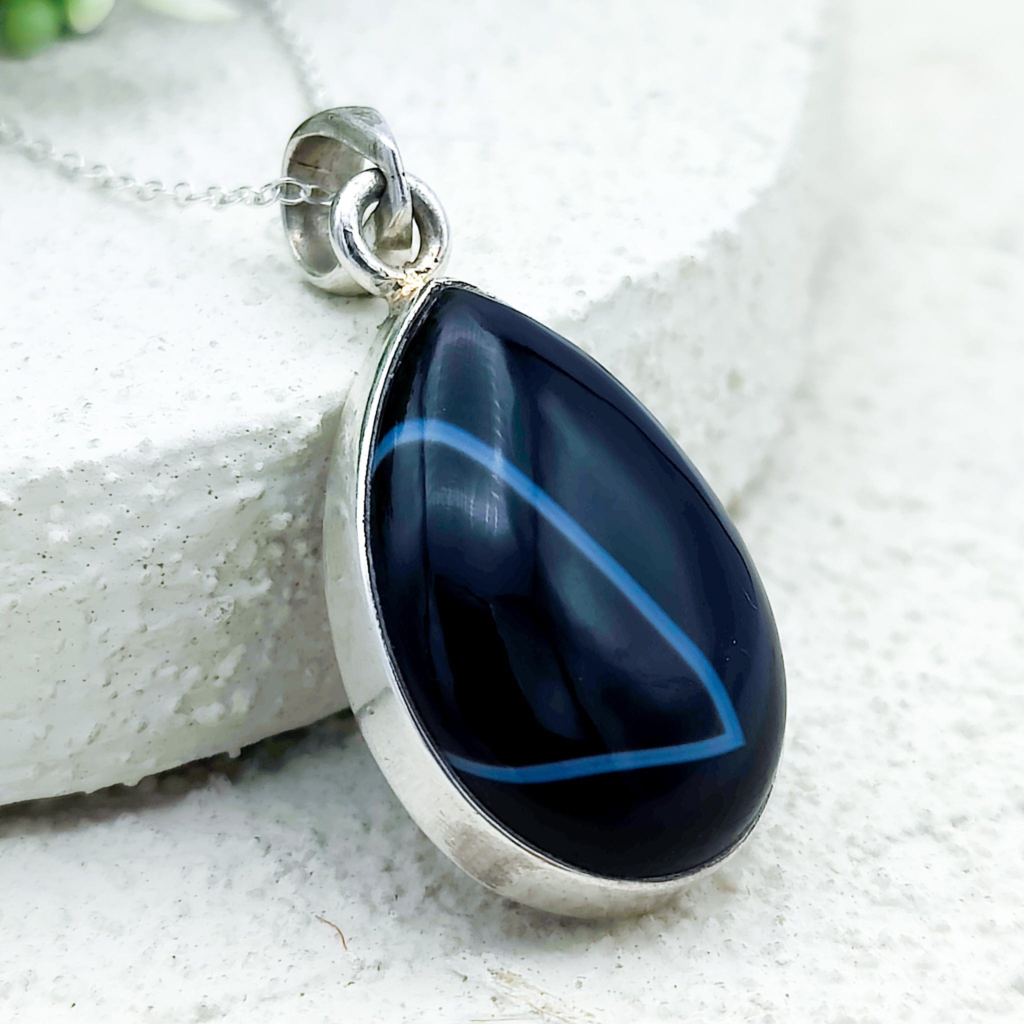 Hepburn and Hughes Banded Black Onyx Pendant | 28mm Teardrop | Leo Gift | Sterling Silver