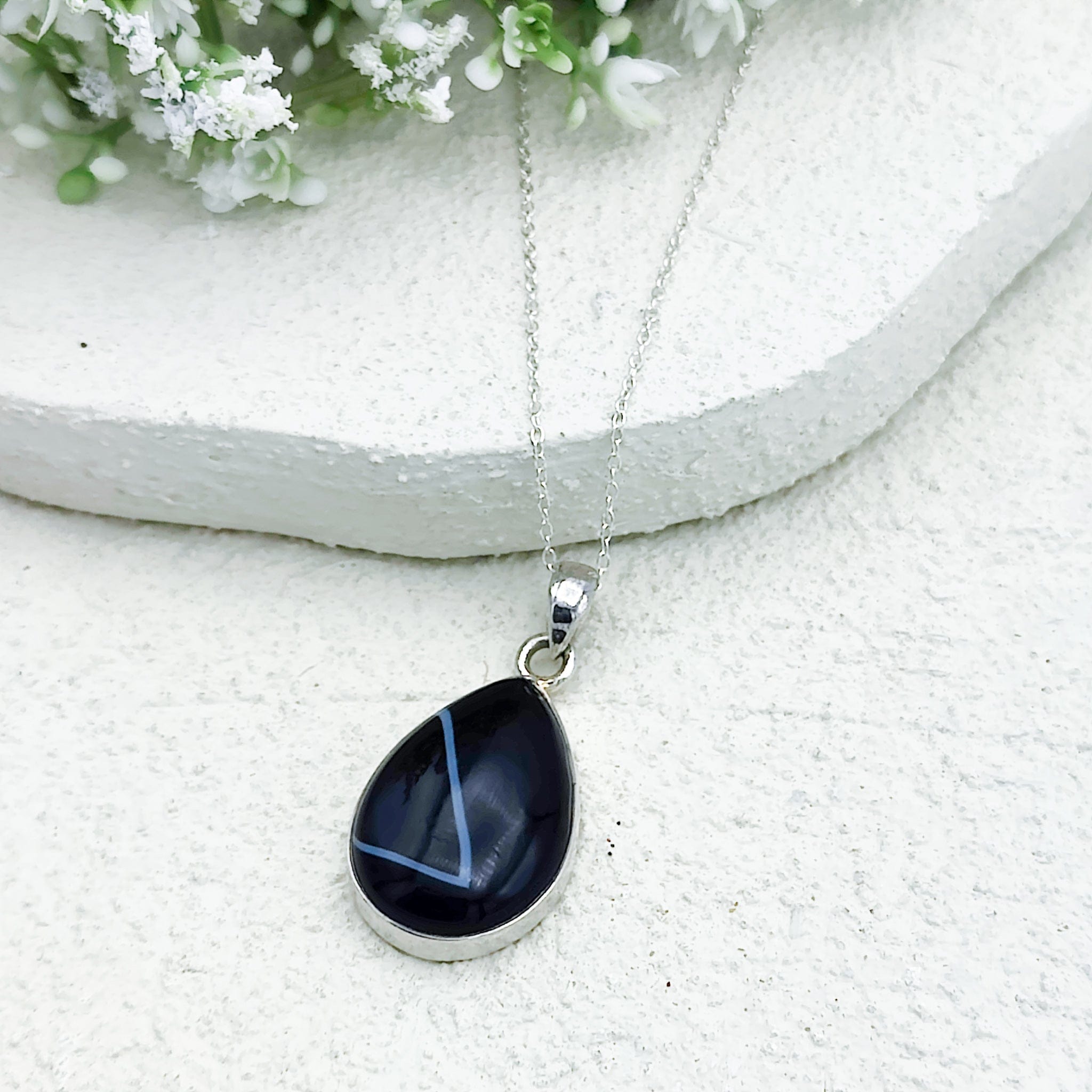 Hepburn and Hughes Banded Black Onyx Pendant | 28mm Teardrop | Leo Gift | Sterling Silver