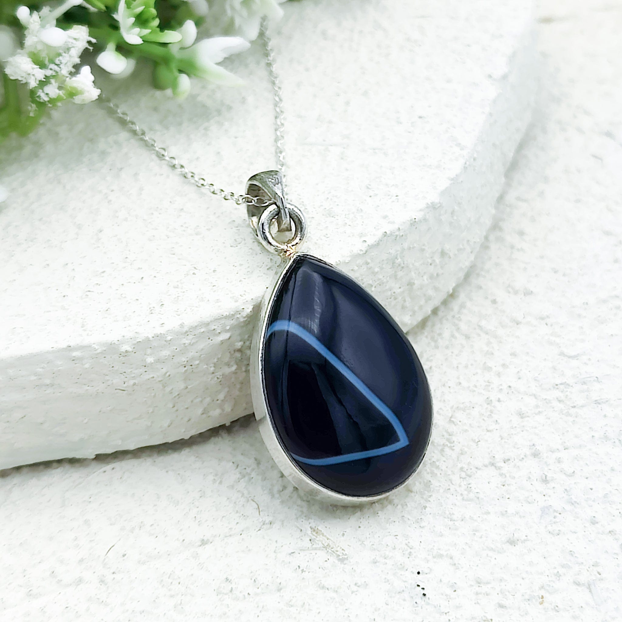 Hepburn and Hughes Banded Black Onyx Pendant | 28mm Teardrop | Leo Gift | Sterling Silver