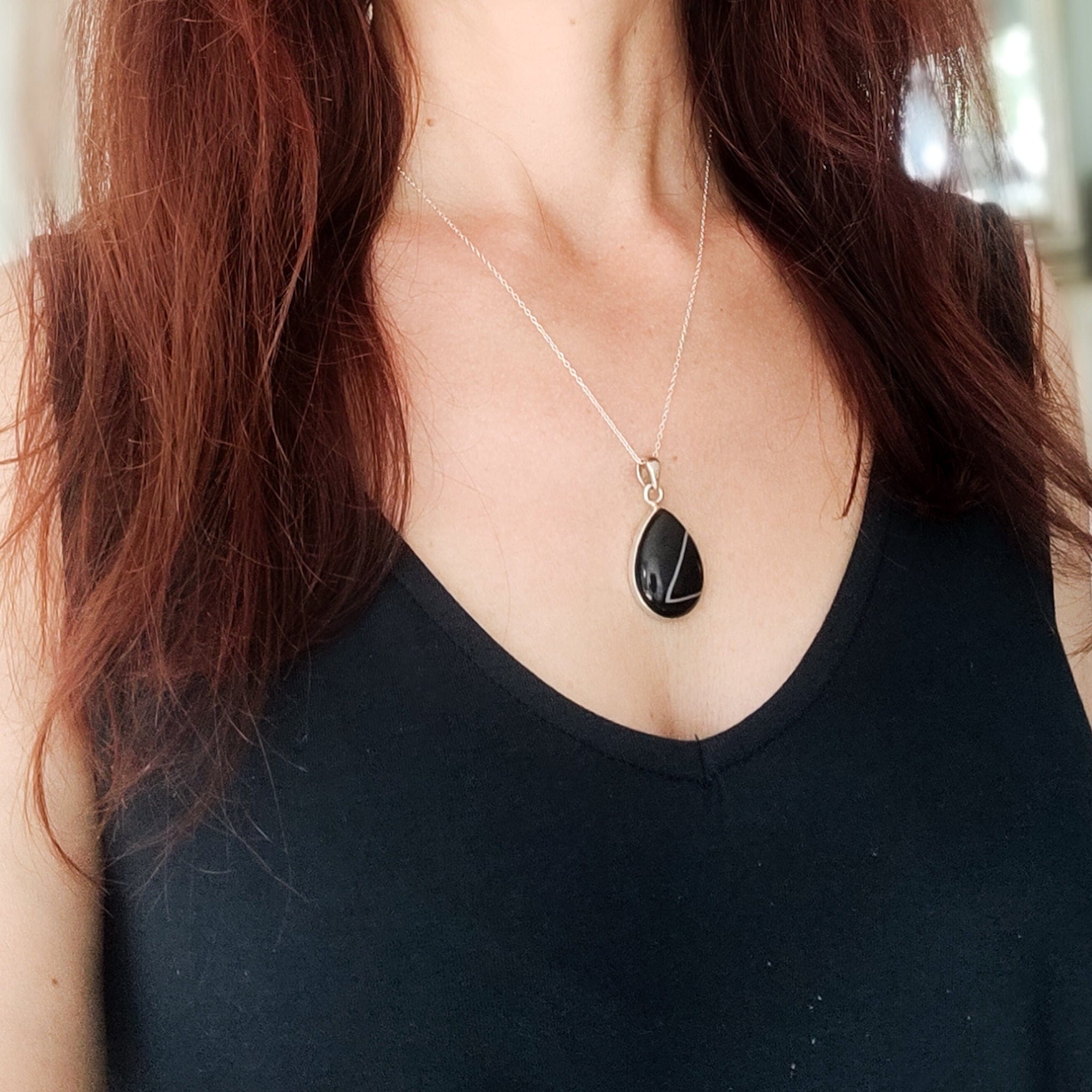 Hepburn and Hughes Banded Black Onyx Pendant | 28mm Teardrop | Leo Gift | Sterling Silver