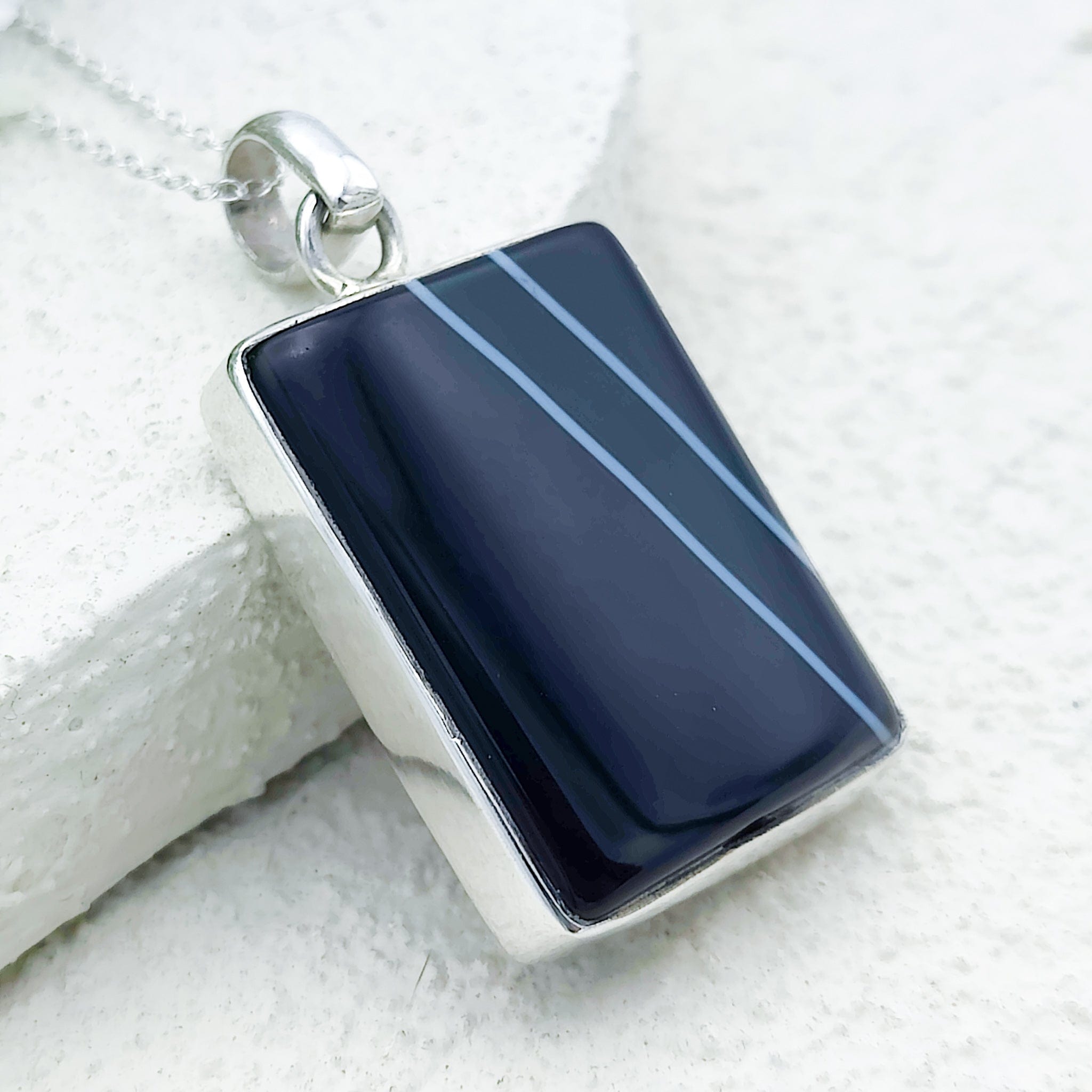 Hepburn and Hughes Banded Black Onyx Pendant | 30mm Rectangle | July Birthstone | Sterling Silver