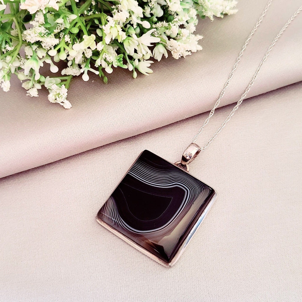 Hepburn and Hughes Banded Black Onyx Pendant | Large Square | Sterling Silver