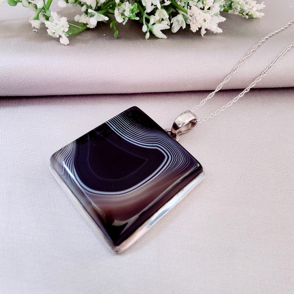 Hepburn and Hughes Banded Black Onyx Pendant | Large Square | Sterling Silver
