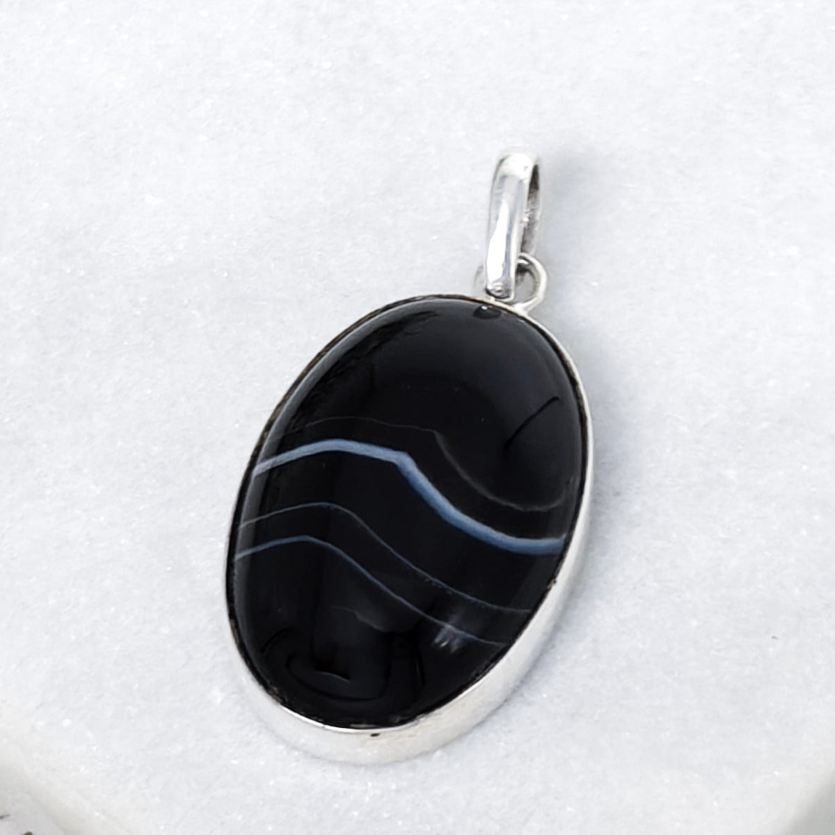 Hepburn and Hughes Banded Black Onyx Pendant | Oval Necklace | July Birthstone | Sterling Silver