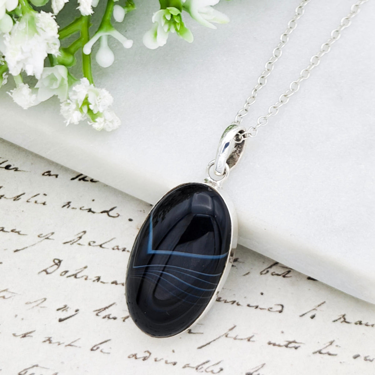 Hepburn and Hughes Banded Black Onyx Pendant | Oval Necklace | July Birthstone | Sterling Silver