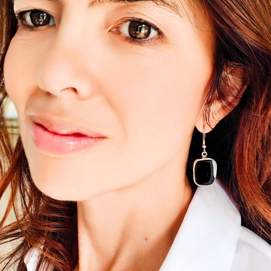 Hepburn and Hughes Black Onyx Earrings | Rectangular Gemstone with Ear Wire | Sterling Silver