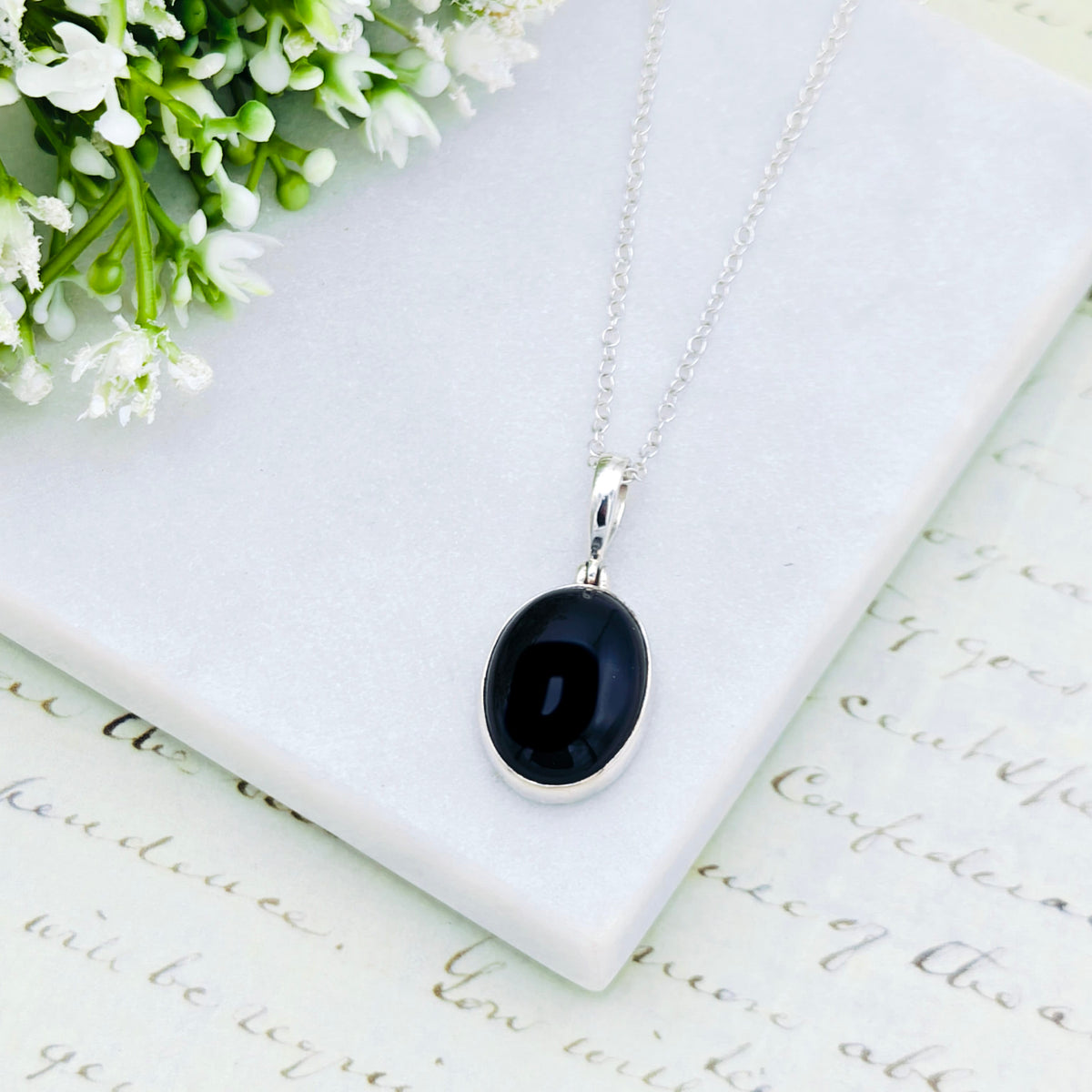 Hepburn and Hughes Black Onyx Pendant | 20mm Oval Gemstone | Sterling Silver