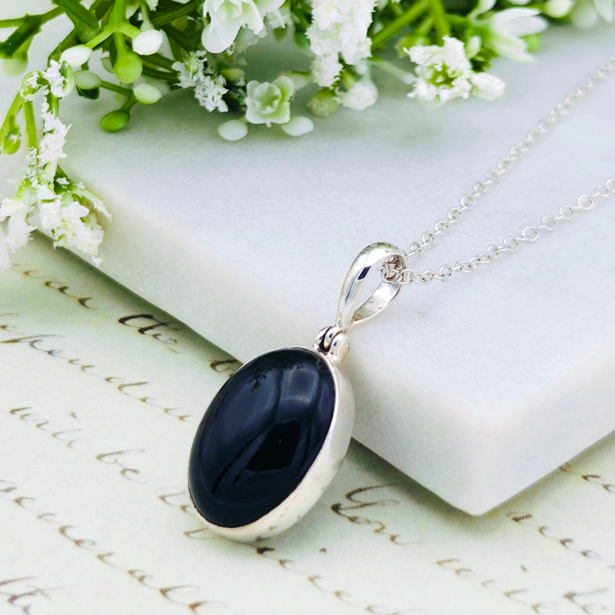 Hepburn and Hughes Black Onyx Pendant | 20mm Oval Gemstone | Sterling Silver