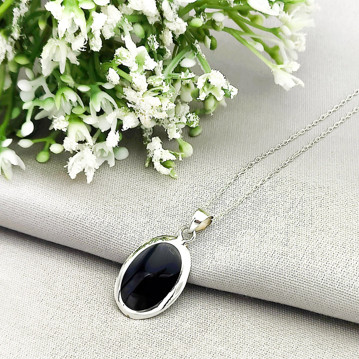 Black Onyx Pendant 20mm Oval Gemstone Sterling Silver