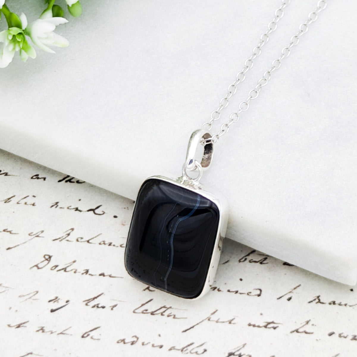 Hepburn and Hughes Black Onyx Pendant | 20mm Rectangle | 7th anniversary gift | Sterling Silver
