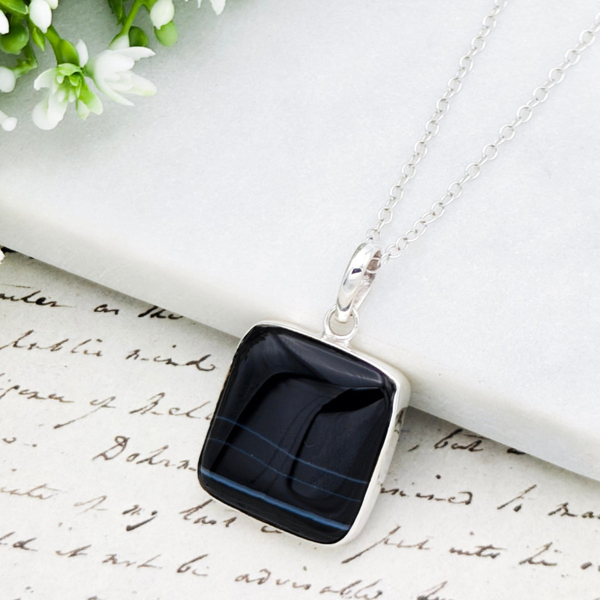 Hepburn and Hughes Black Onyx Pendant | 20mm Rectangle | 7th anniversary gift | Sterling Silver