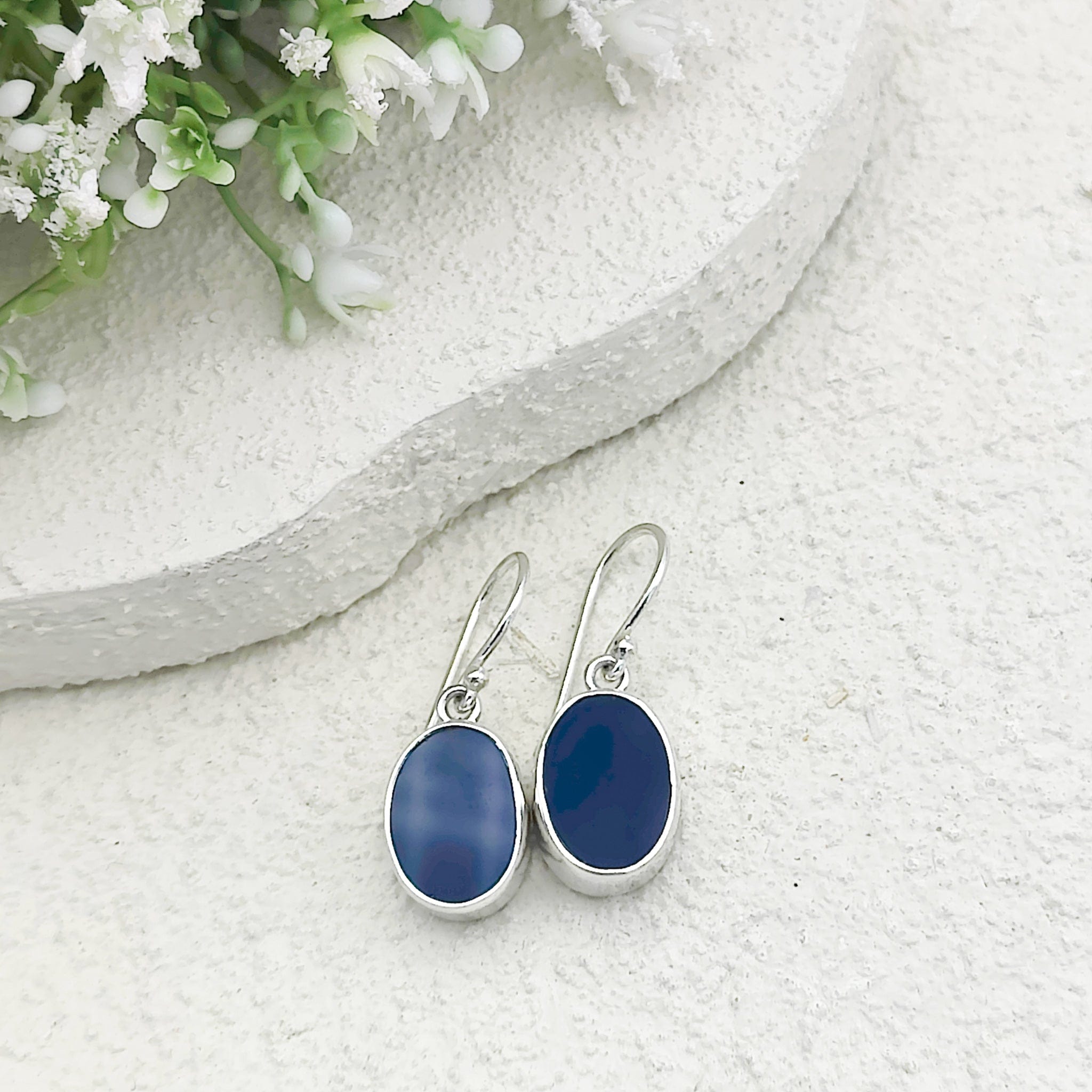 Hepburn and Hughes Blue Agate Earrings | 15mm Oval | Gemini Gemstone Gift | Sterling Silver