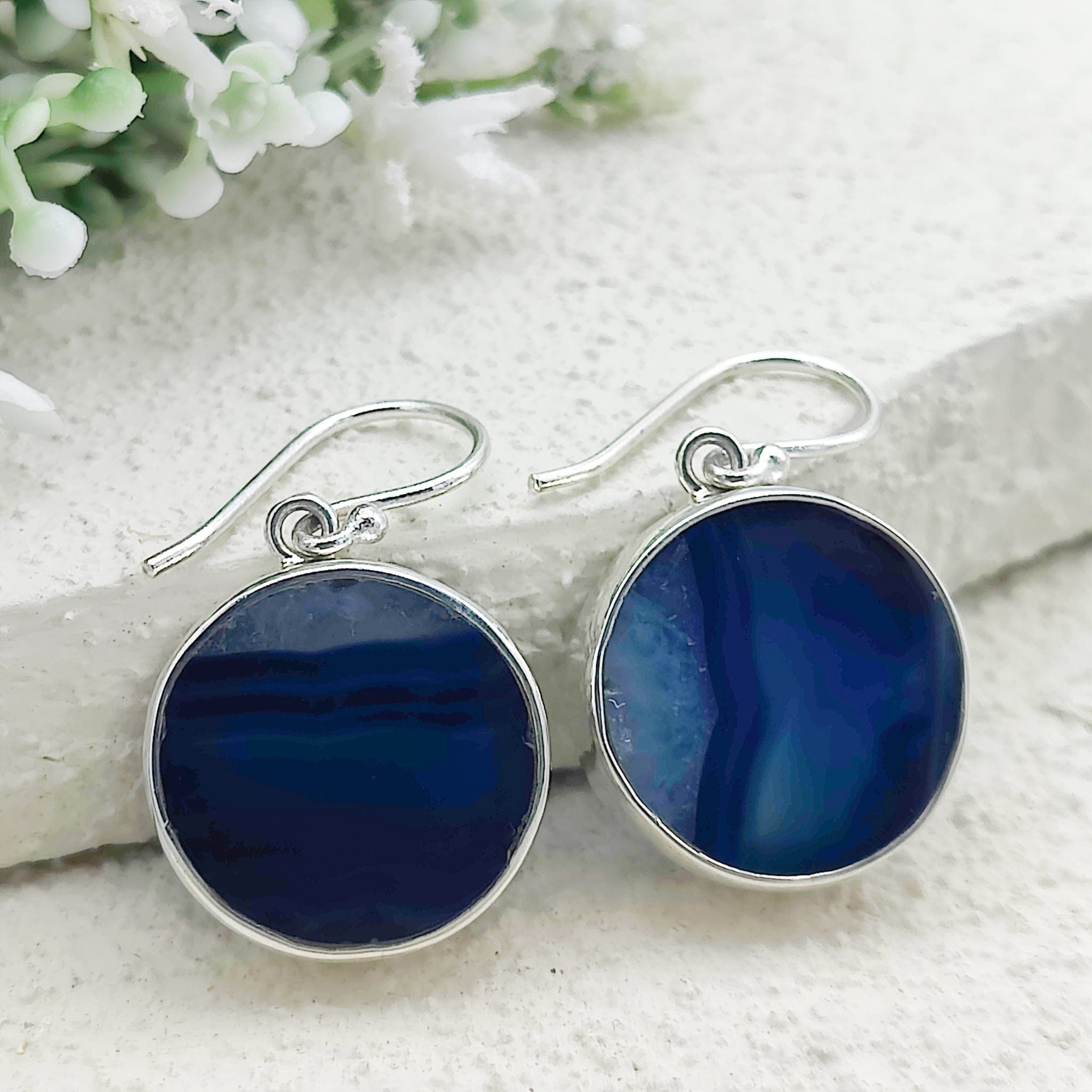 Hepburn and Hughes Blue Agate Earrings | Circular | Gemini Gemstone Gift | Sterling Silver