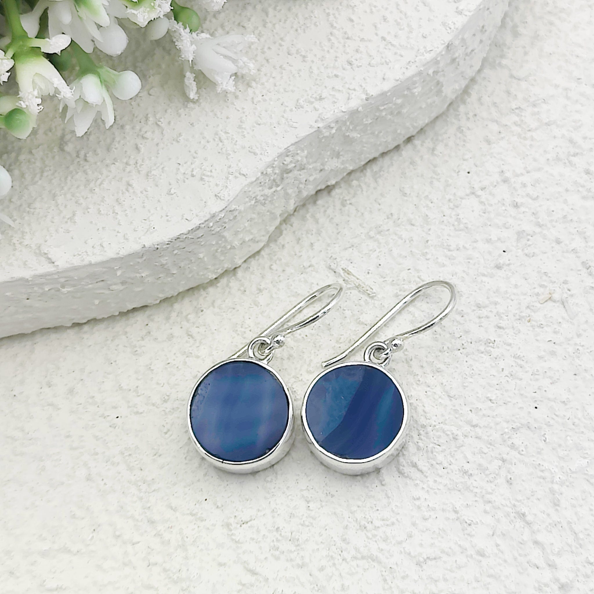 Hepburn and Hughes Blue Agate Earrings | Circular | Gemini Gemstone Gift | Sterling Silver