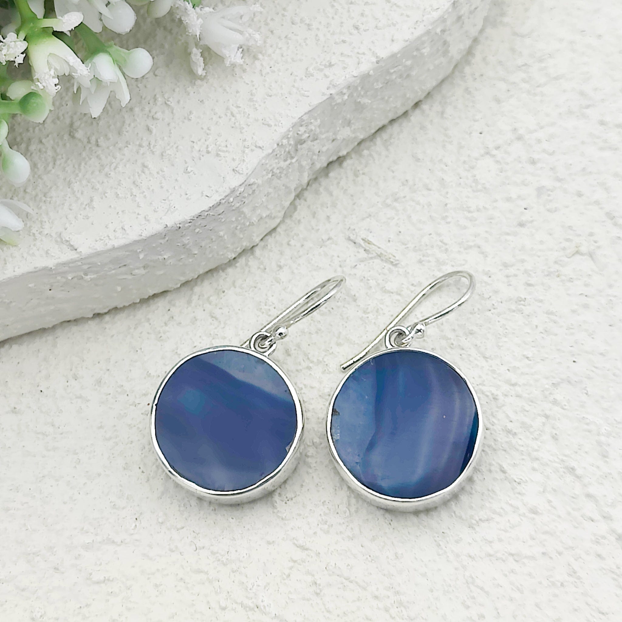 Hepburn and Hughes Blue Agate Earrings | Circular | Gemini Gemstone Gift | Sterling Silver