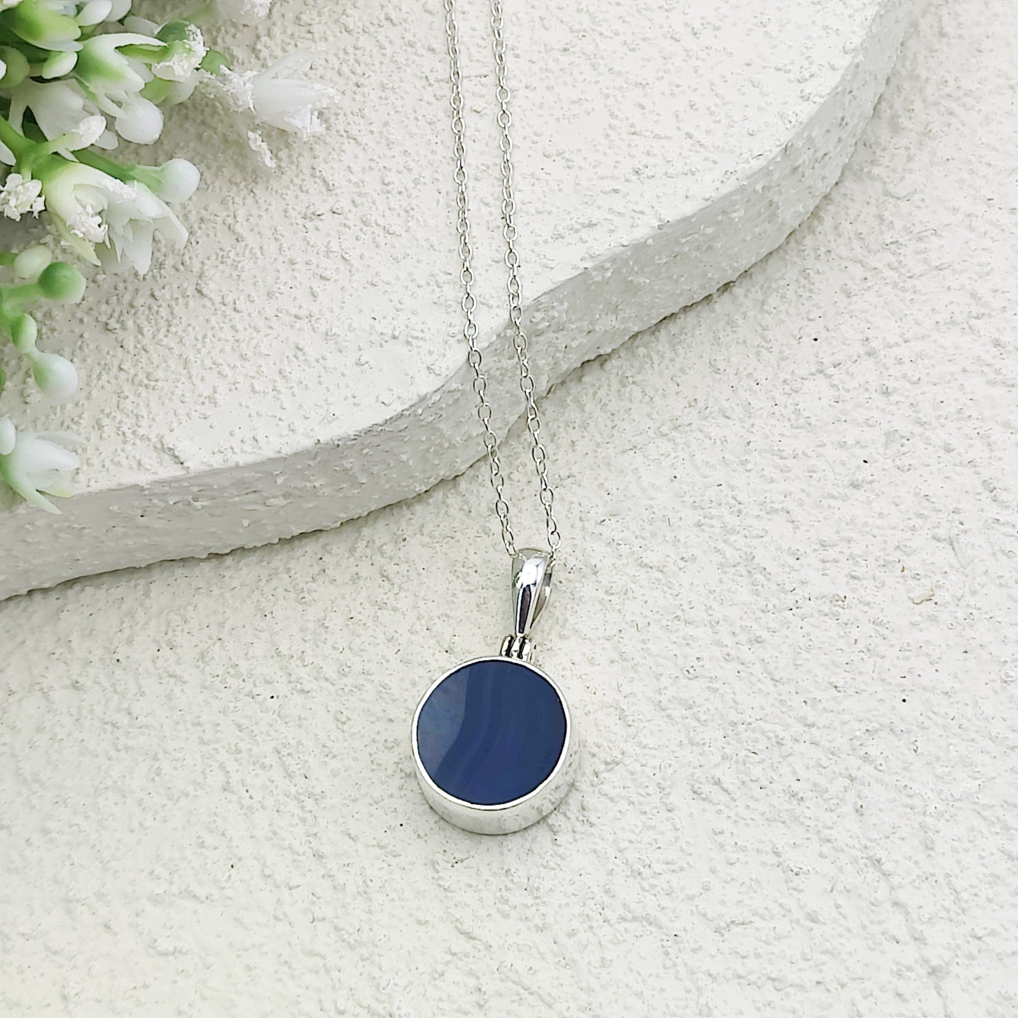 Hepburn and Hughes Blue Agate Pendant | 14mm Circle | Gemini Gemstone | Sterling Silver