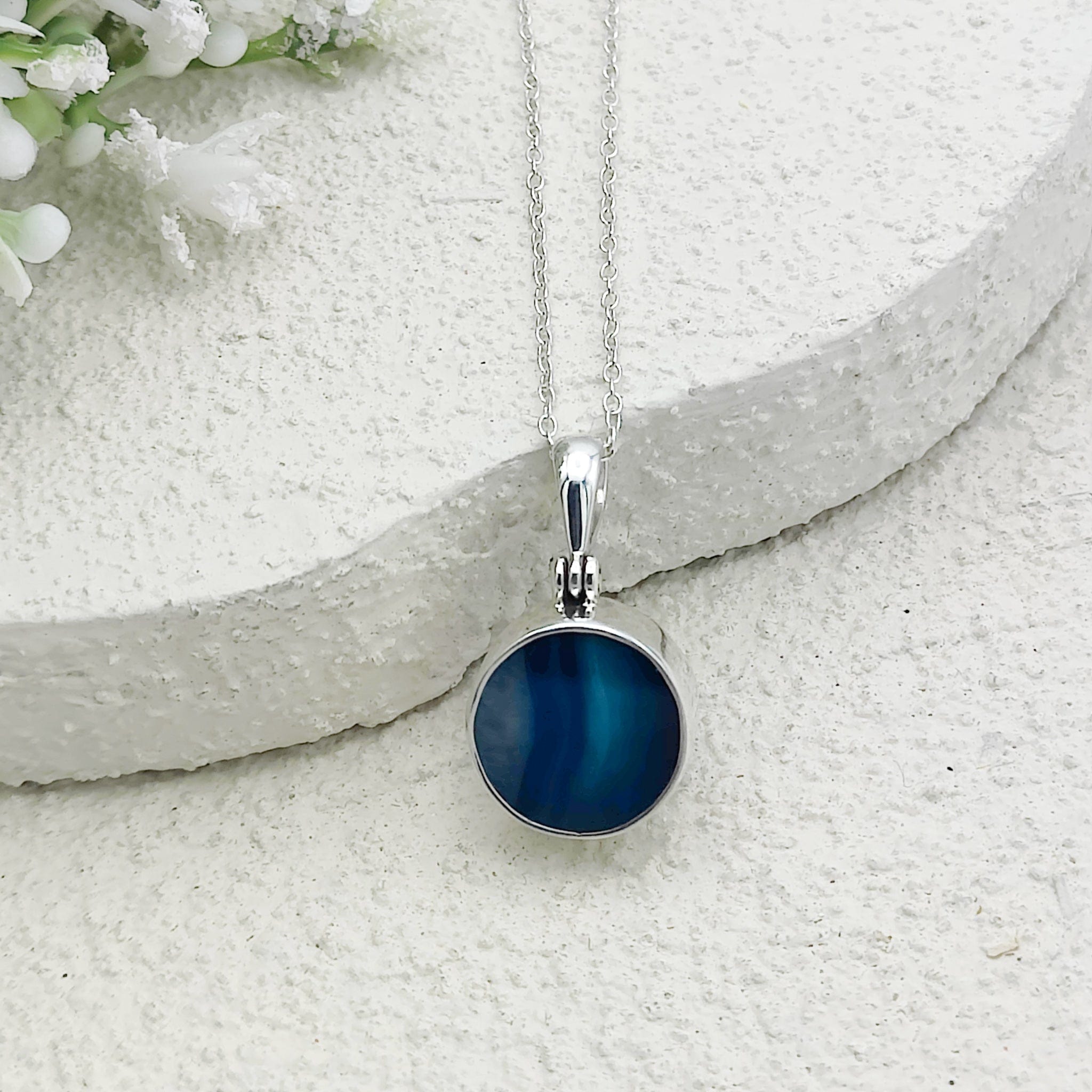 Hepburn and Hughes Blue Agate Pendant | 14mm Circle | Gemini Gemstone | Sterling Silver