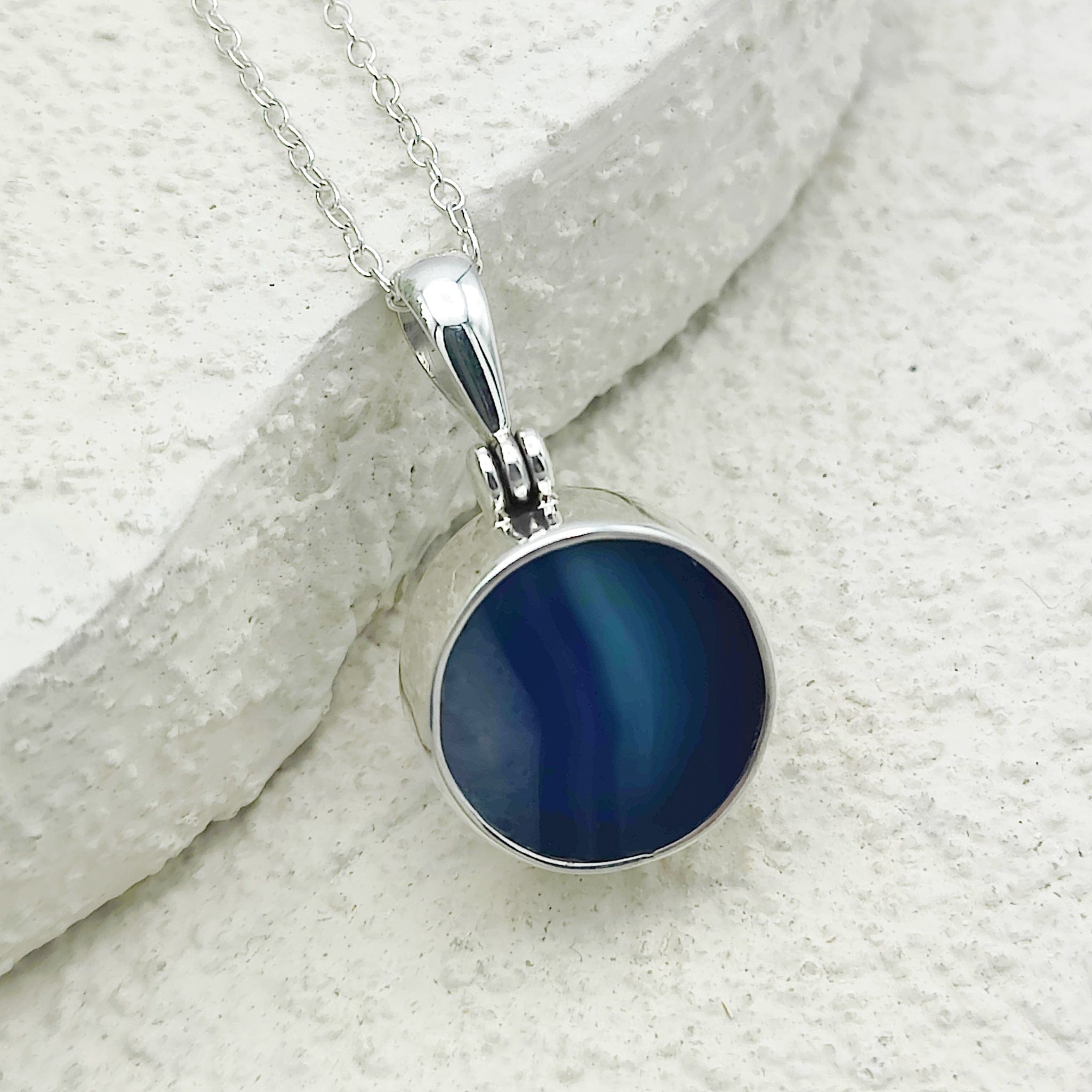 Hepburn and Hughes Blue Agate Pendant | 14mm Circle | Gemini Gemstone | Sterling Silver