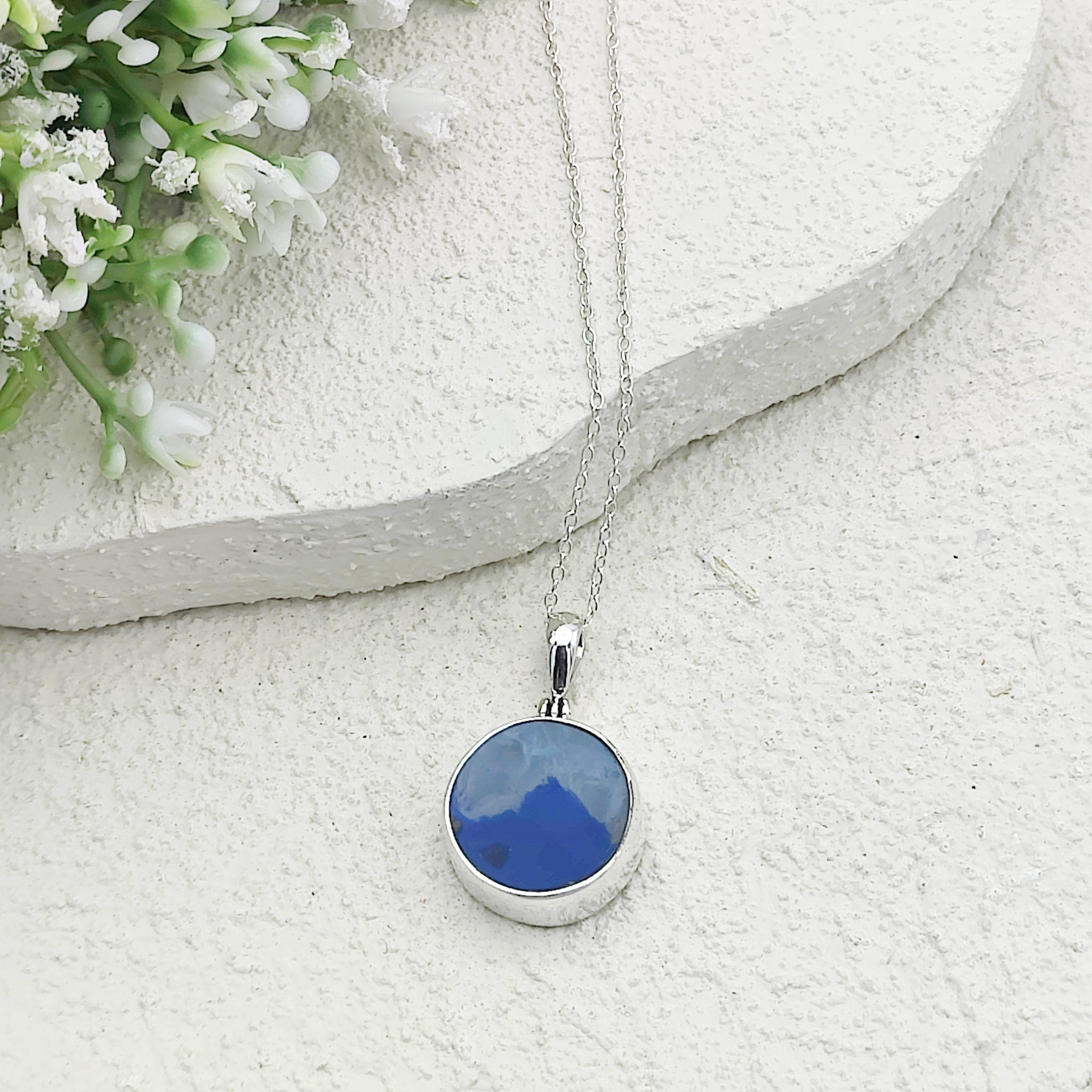 Hepburn and Hughes Blue Agate Pendant | 20mm circular | May Gift | Sterling Silver