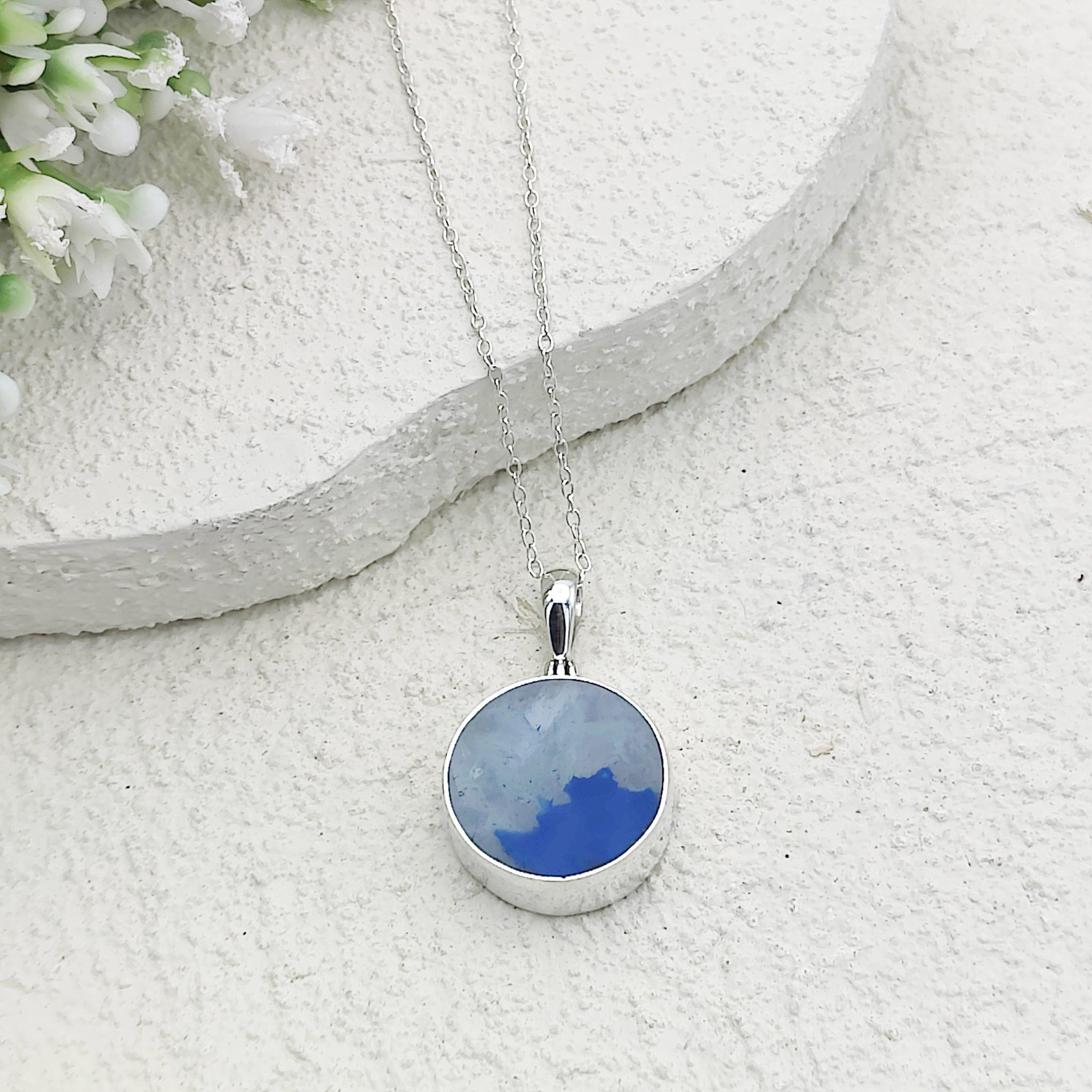Hepburn and Hughes Blue Agate Pendant | 20mm circular | May Gift | Sterling Silver