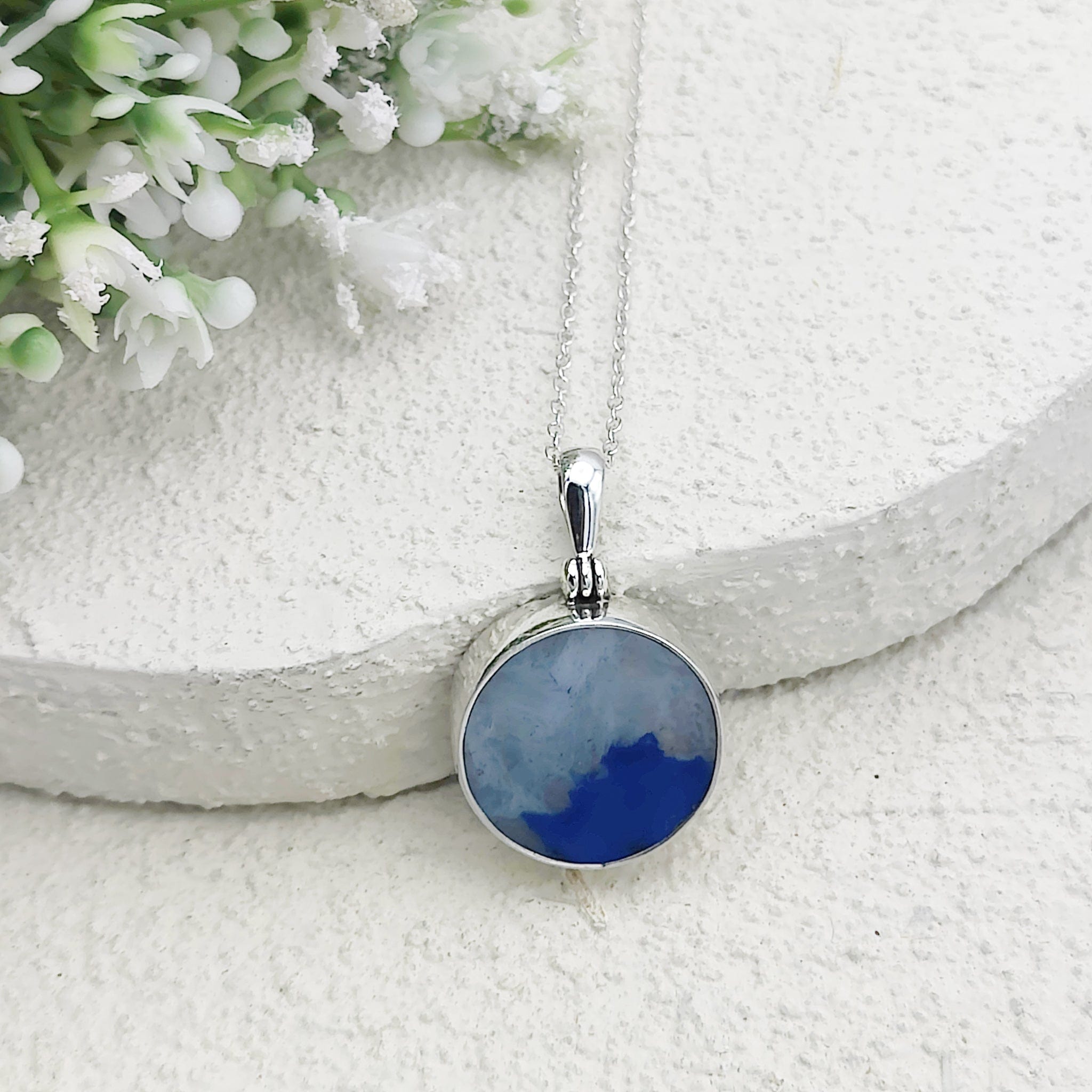 Hepburn and Hughes Blue Agate Pendant | 20mm circular | May Gift | Sterling Silver